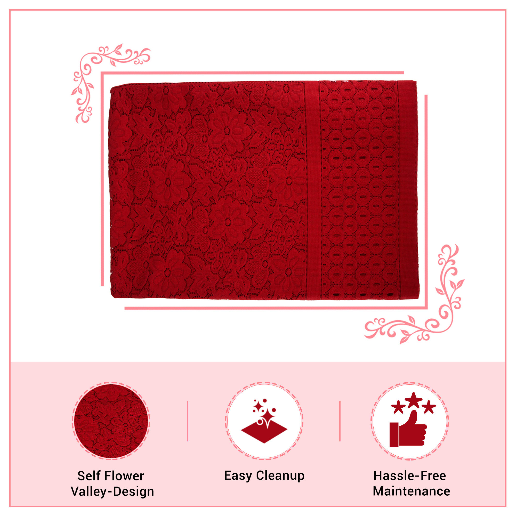 Kuber Industries Table Cover  Net Tabletop Cover  Table Linen Cover  Table Cloth Cover  Table Cover for Kitchen  Table Cover for Hall Dcor  Self Flower Valley-Design  45x70 Inch  Maroon