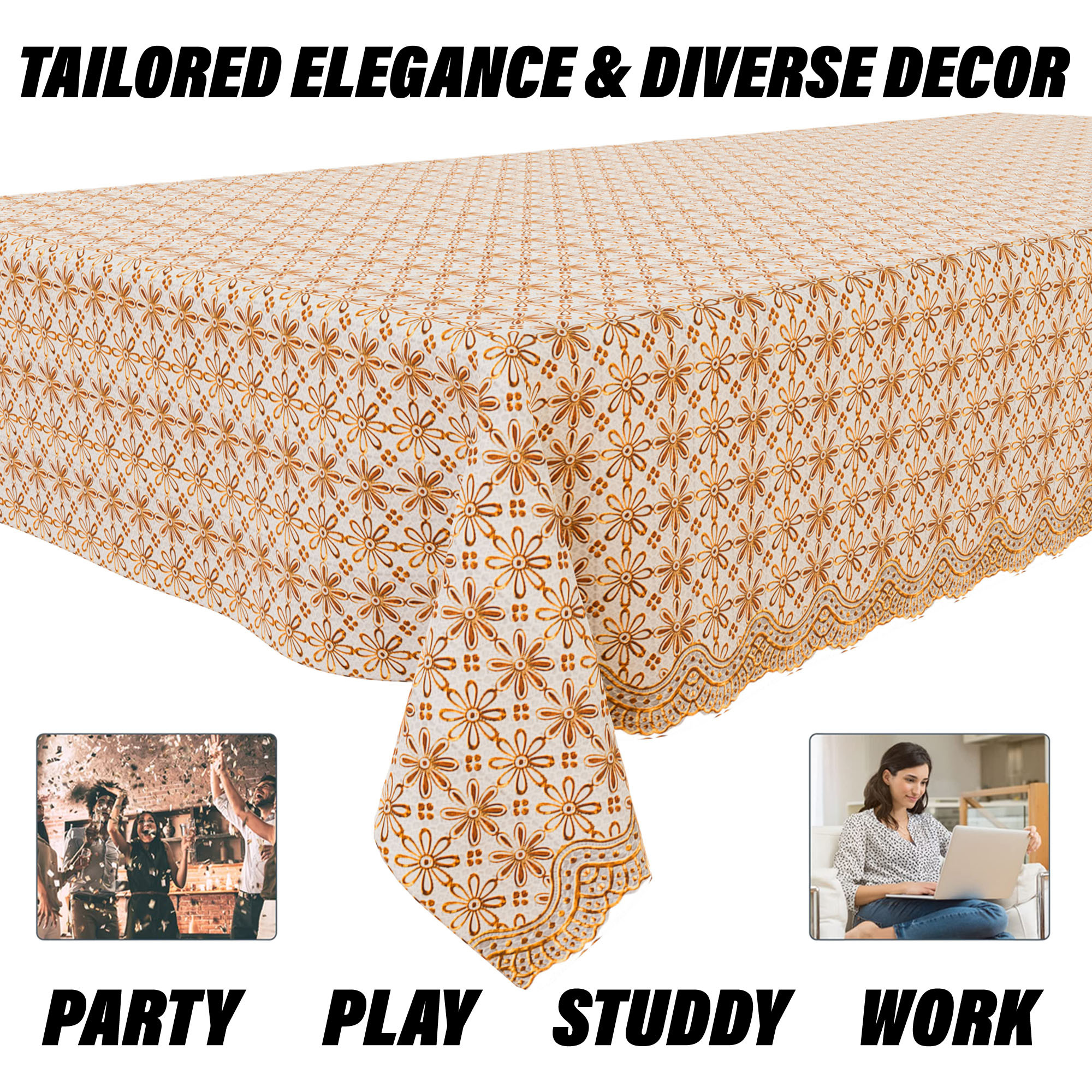 Kuber Industries Table Cover  Polyvinyl Dining Table Cloth Cover  Center Table Cover  Table Cover for Kitchen Table  Embossed Flower Table Cover for Hall Dcor  36x54 Inch  Golden