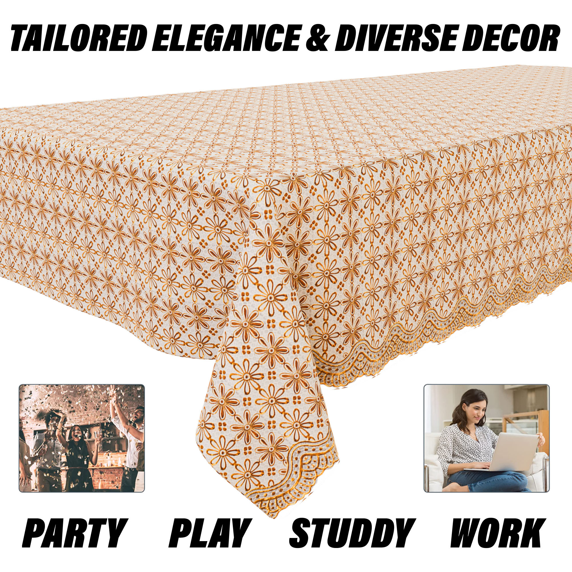 Kuber Industries Table Cover  Polyvinyl Dining Table Cloth Cover  Center Table Cover  Table Cover for Kitchen Table  Embossed Flower Table Cover for Hall Dcor  54x84 Inch  Golden