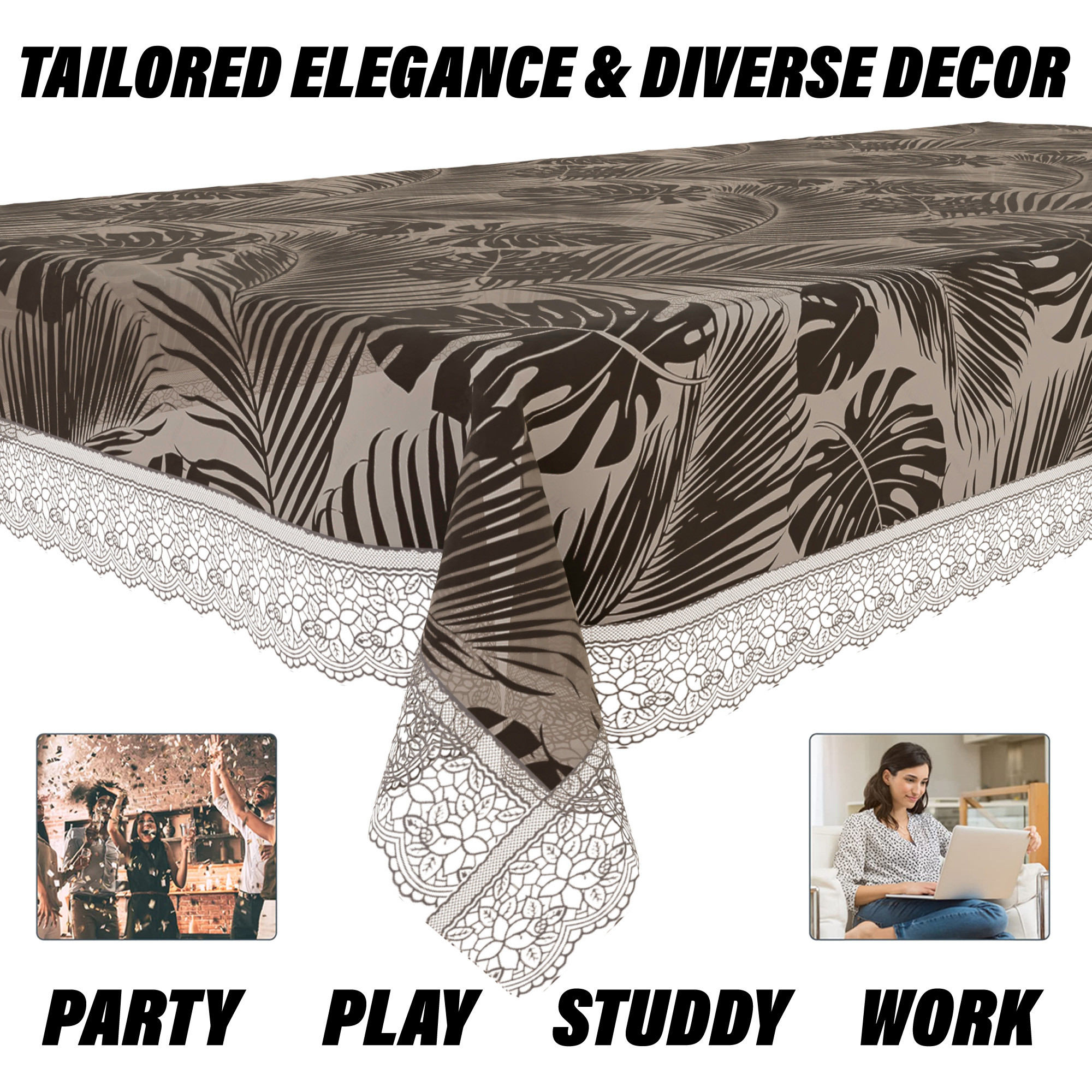 Kuber Industries Table Cover  PVC Dining Table Cover  Table Cloth  Center Table Cover  Table Cover for Kitchen Table  3D Leaf Table Cover for Hall Dcor  48x60 Inch  Brown