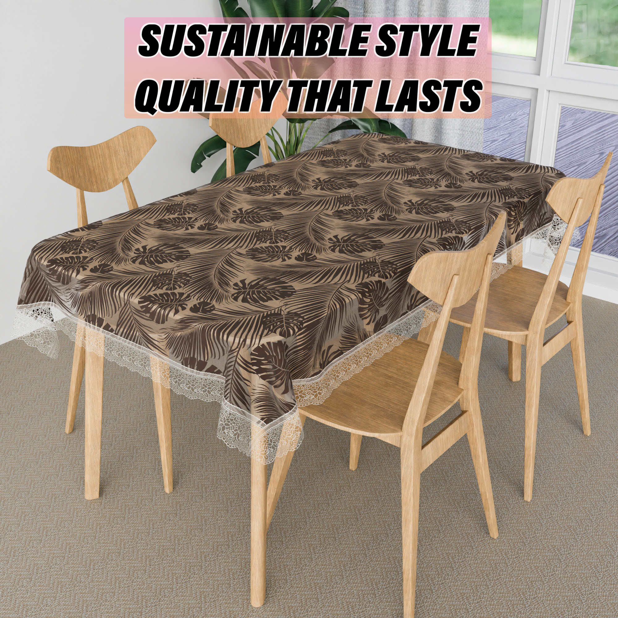 Kuber Industries Table Cover  PVC Dining Table Cover  Table Cloth  Center Table Cover  Table Cover for Kitchen Table  3D Leaf Table Cover for Hall Dcor  48x60 Inch  Brown