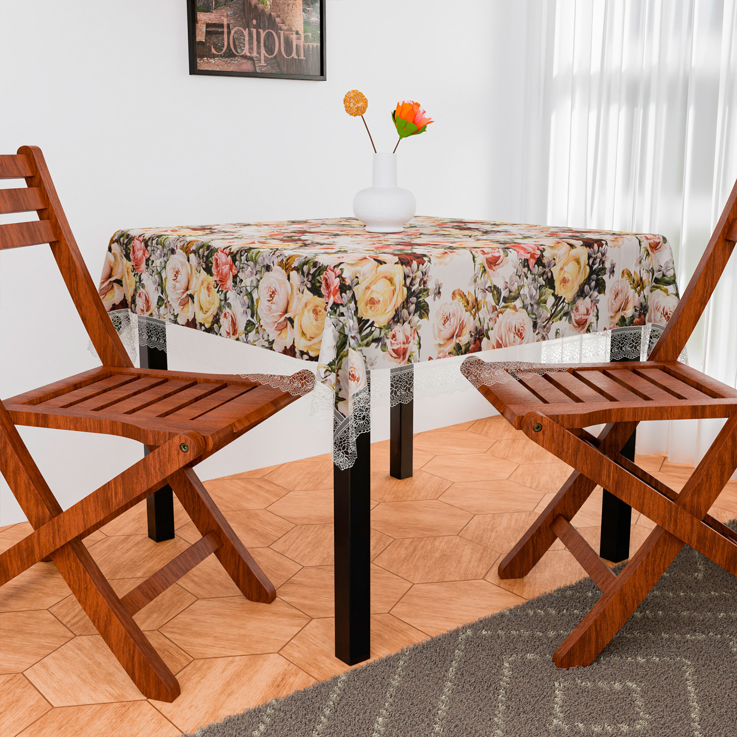 Kuber Industries Table Cover  PVC Dining Table Cover  Table Cloth  Center Table Cover  Table Cover for Kitchen Table  Rose Table Cover for Hall Dcor  54 Inch  White