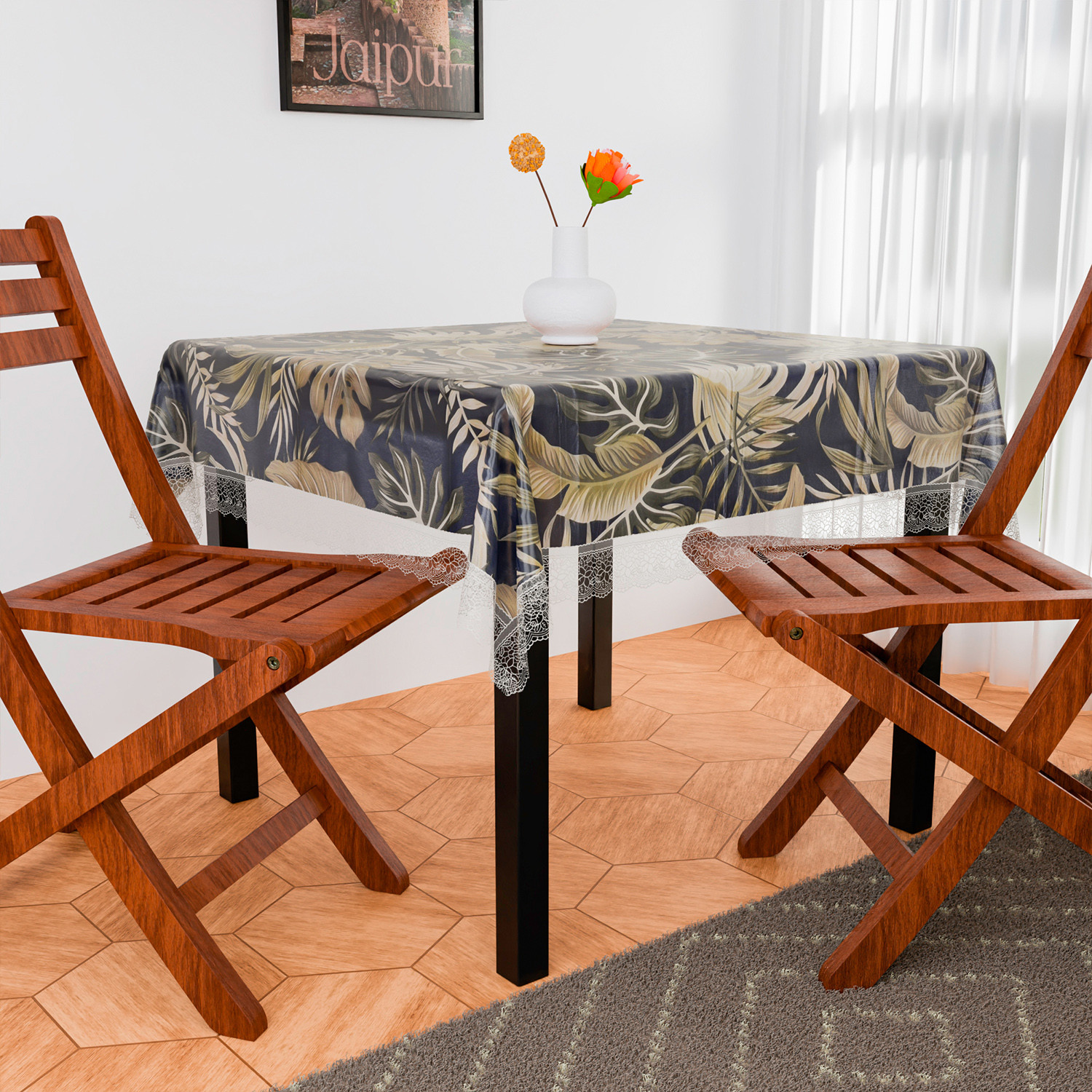 Kuber Industries Table Cover  PVC Dining Table Cover  Table Cloth  Center Table Cover  Table Cover for Kitchen Table  Green Leaf Table Cover for Hall Dcor  54 Inch  Blue