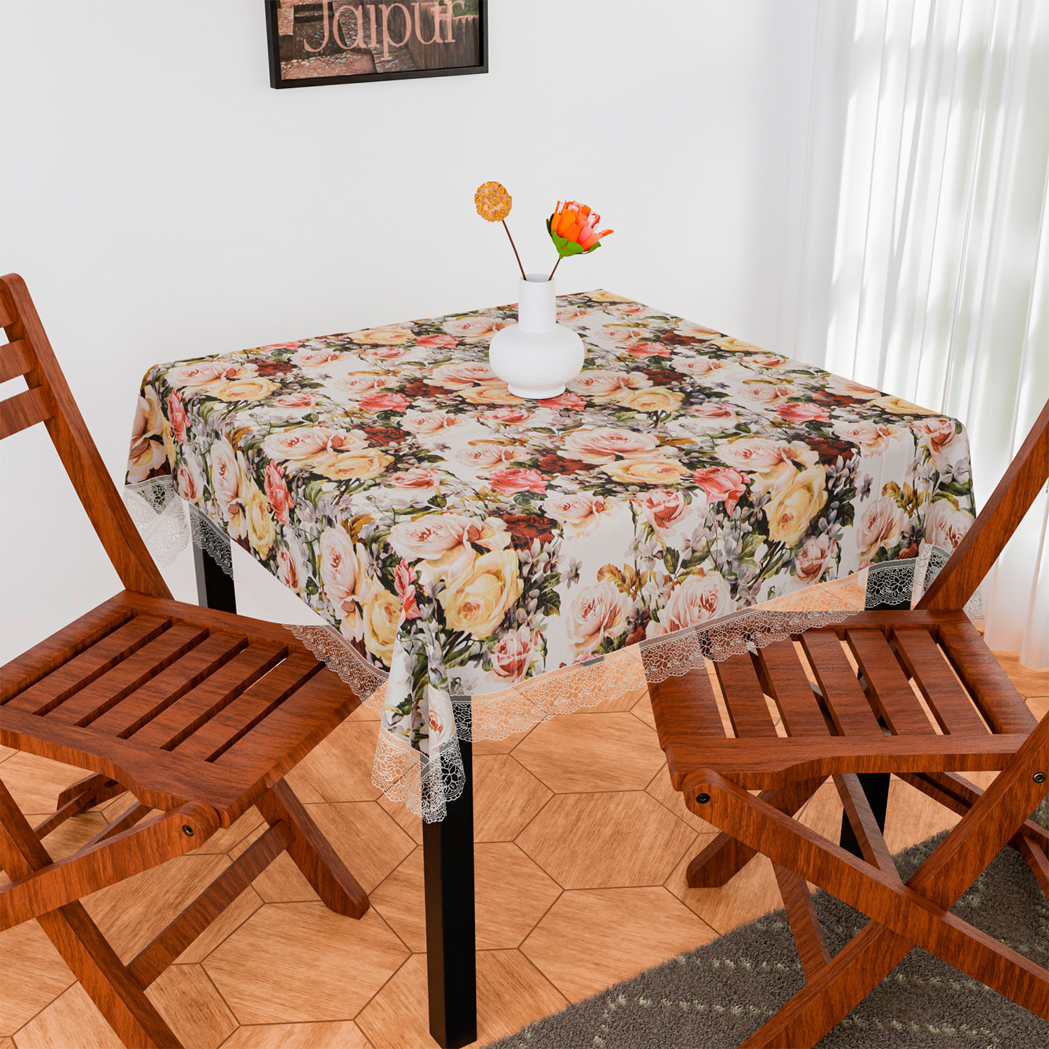 Kuber Industries Table Cover | PVC Dining Table Cover | Table Cloth | Center Table Cover | Table Cover for Kitchen Table | Rose Table Cover for Hall Décor | 54 Inch | White