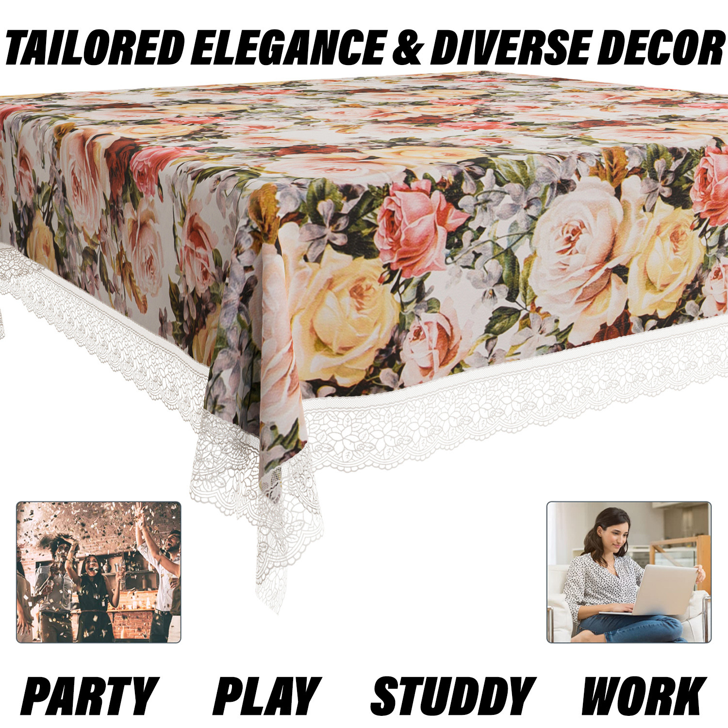 Kuber Industries Table Cover | PVC Dining Table Cover | Table Cloth | Center Table Cover | Table Cover for Kitchen Table | Rose Table Cover for Hall Décor | 54 Inch | White