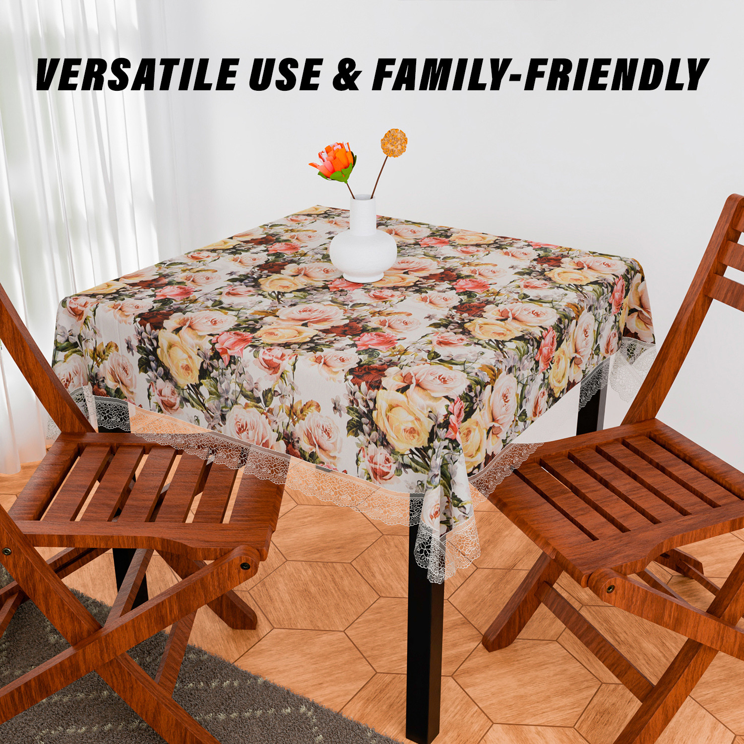 Kuber Industries Table Cover | PVC Dining Table Cover | Table Cloth | Center Table Cover | Table Cover for Kitchen Table | Rose Table Cover for Hall Décor | 54 Inch | White