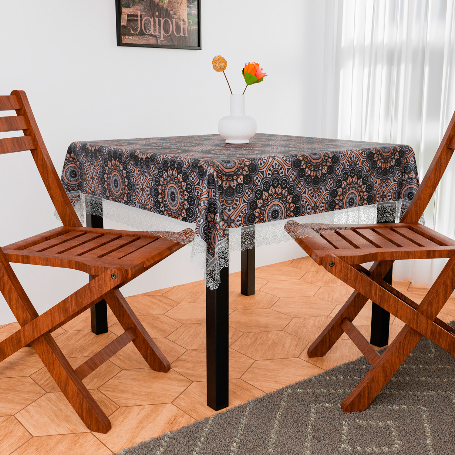 Kuber Industries Table Cover | PVC Dining Table Cover | Table Cloth | Center Table Cover | Table Cover for Kitchen Table | Rangoli Table Cover for Hall Décor | 54 Inch | Black