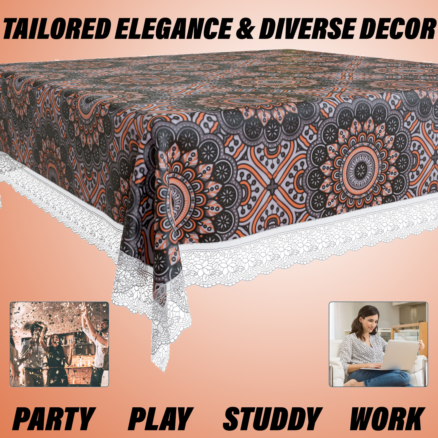 Kuber Industries Table Cover | PVC Dining Table Cover | Table Cloth | Center Table Cover | Table Cover for Kitchen Table | Rangoli Table Cover for Hall Décor | 54 Inch | Black