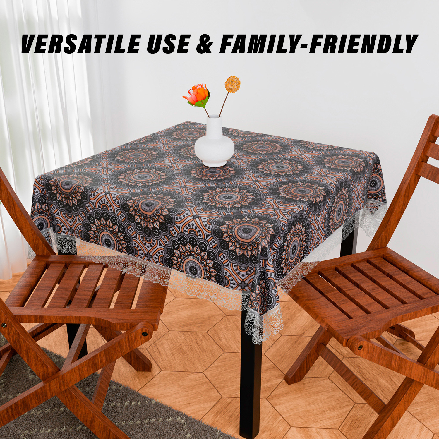 Kuber Industries Table Cover | PVC Dining Table Cover | Table Cloth | Center Table Cover | Table Cover for Kitchen Table | Rangoli Table Cover for Hall Décor | 54 Inch | Black