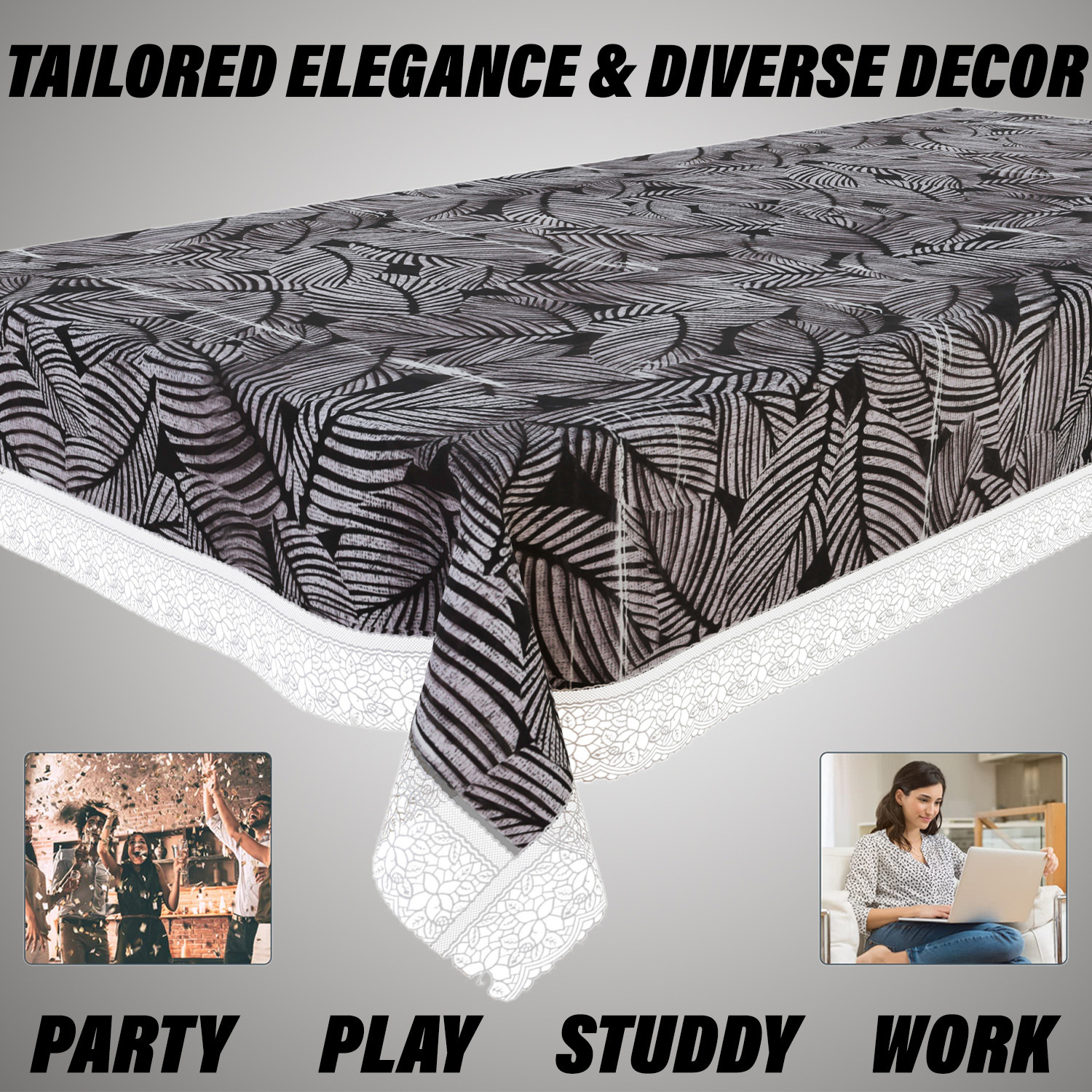 Kuber Industries Table Cover | PVC Dining Table Cover | Table Cloth | Center Table Cover | Table Cover for Kitchen Table | Transparent Leaf Table Cover for Hall Décor | 54 Inch | Black