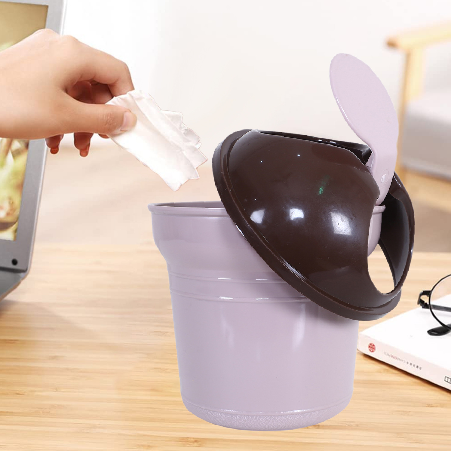 Kuber Industries Table Dustbin|Durable Plastic Small Desktop Garbage Bin with Swing-Lid|Countertop Trash Can For Study Table, Office, 3 Ltr, (Peach)