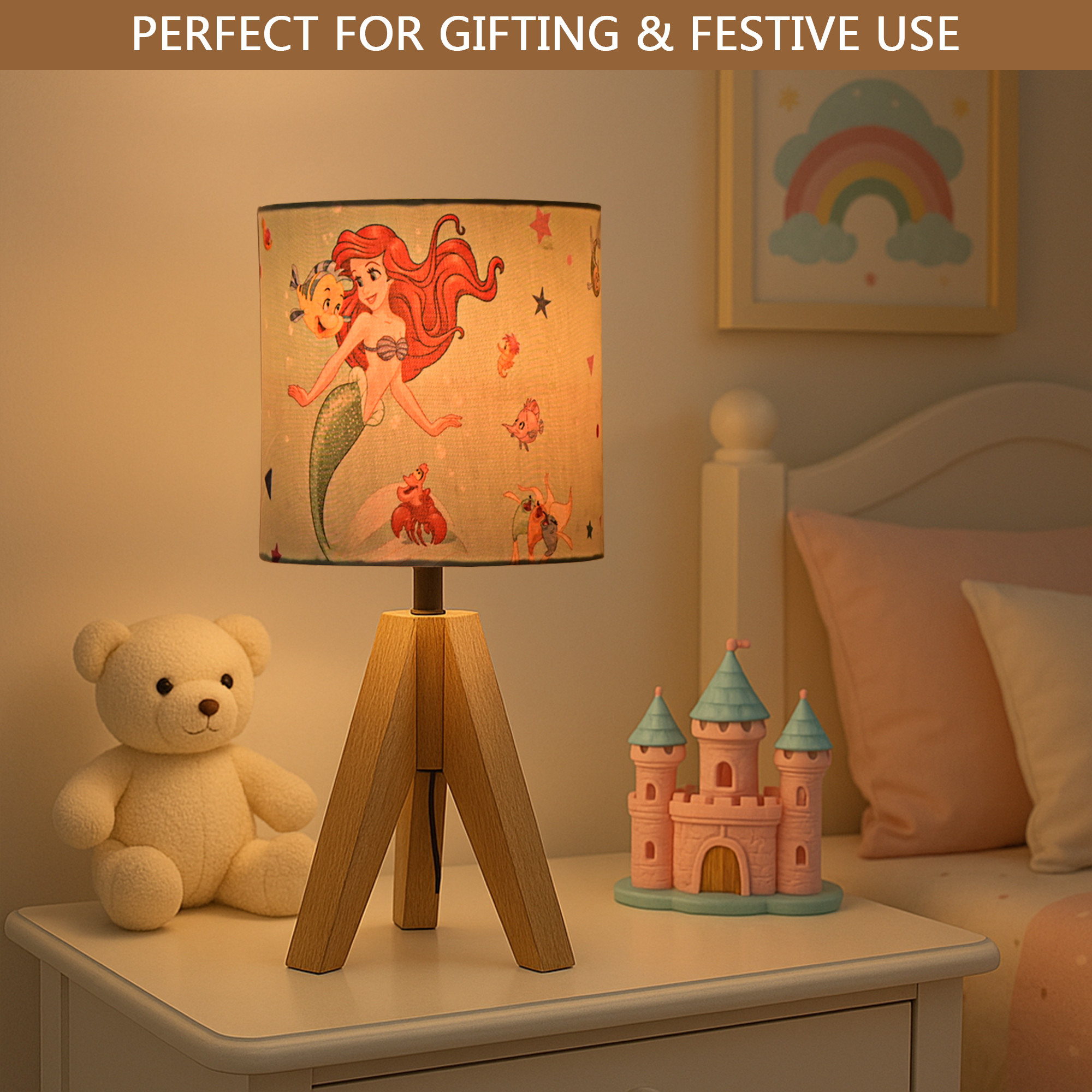 Kuber Industries Table Lamp for Bedroom  Living Room  Home Decor Bedside Table Lamp for Study Room  Desk Table Night Stand Lamp for Kids  Students  Disney Mermaid  Green