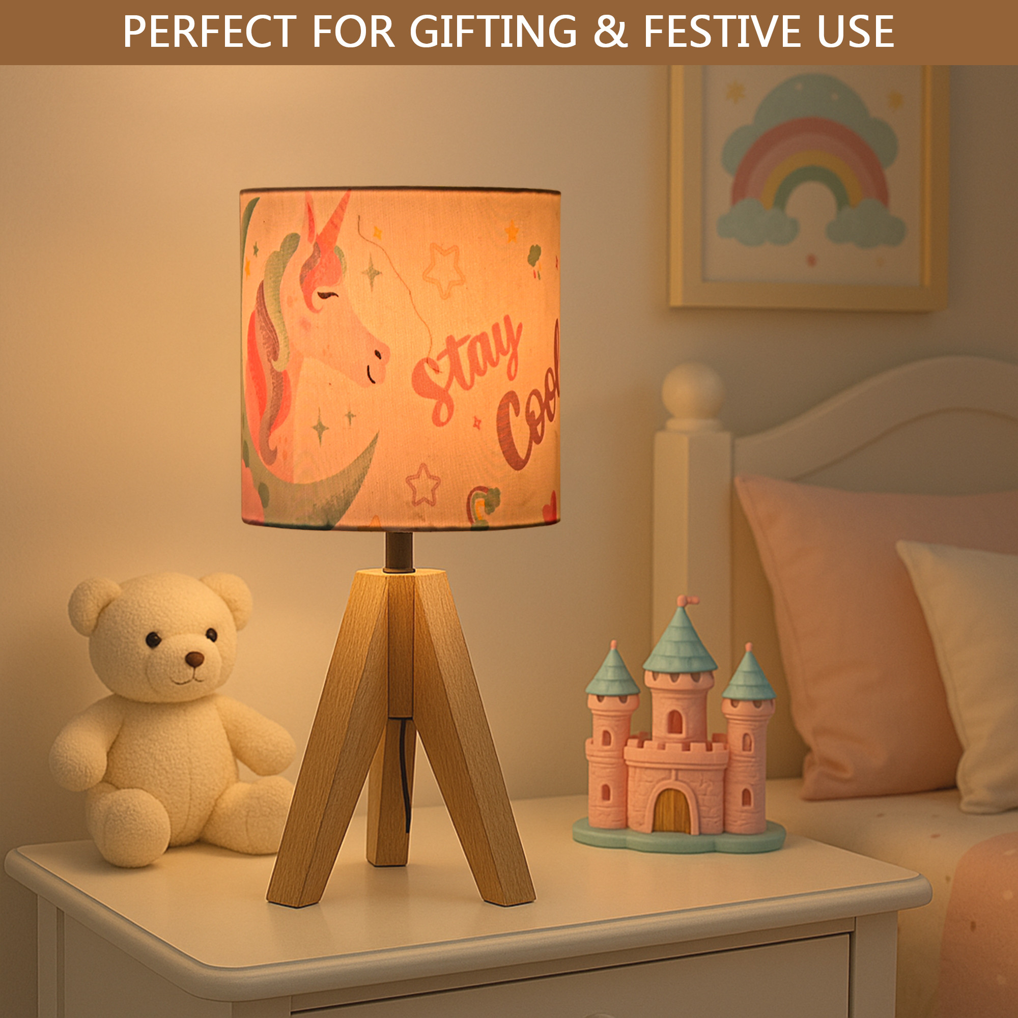 Kuber Industries Table Lamp for Bedroom  Living Room  Home Decor Bedside Table Lamp for Study Room  Desk Table Night Stand Lamp for Kids  Students  Unicorn Stay Cool  Pink