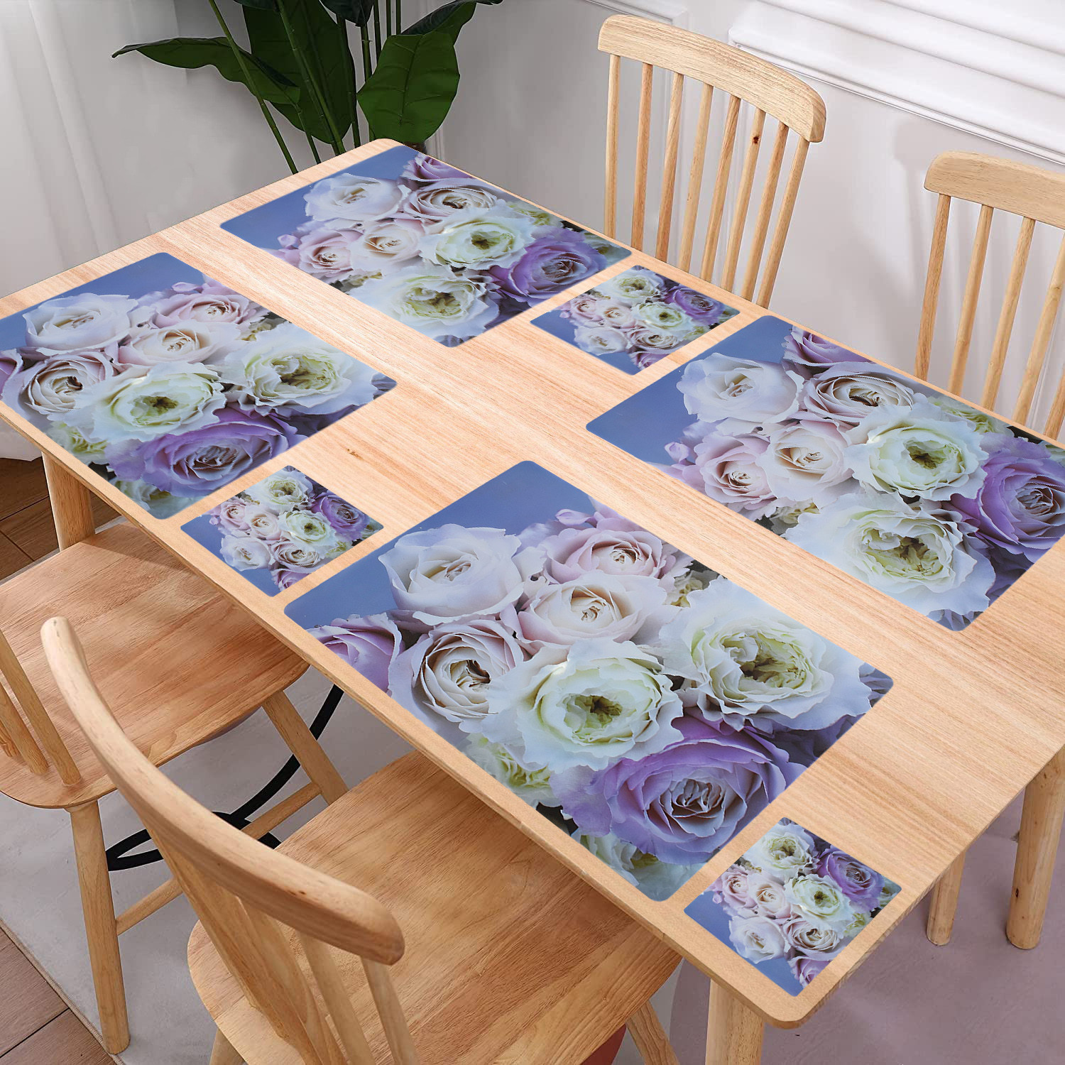 Kuber Industries Table Mat | PVC Flower Print Dining Table Mats | 6 Pieces Table Placemats Set with Tea Coasters | Washable Placemats for Home | Kitchen | Blue