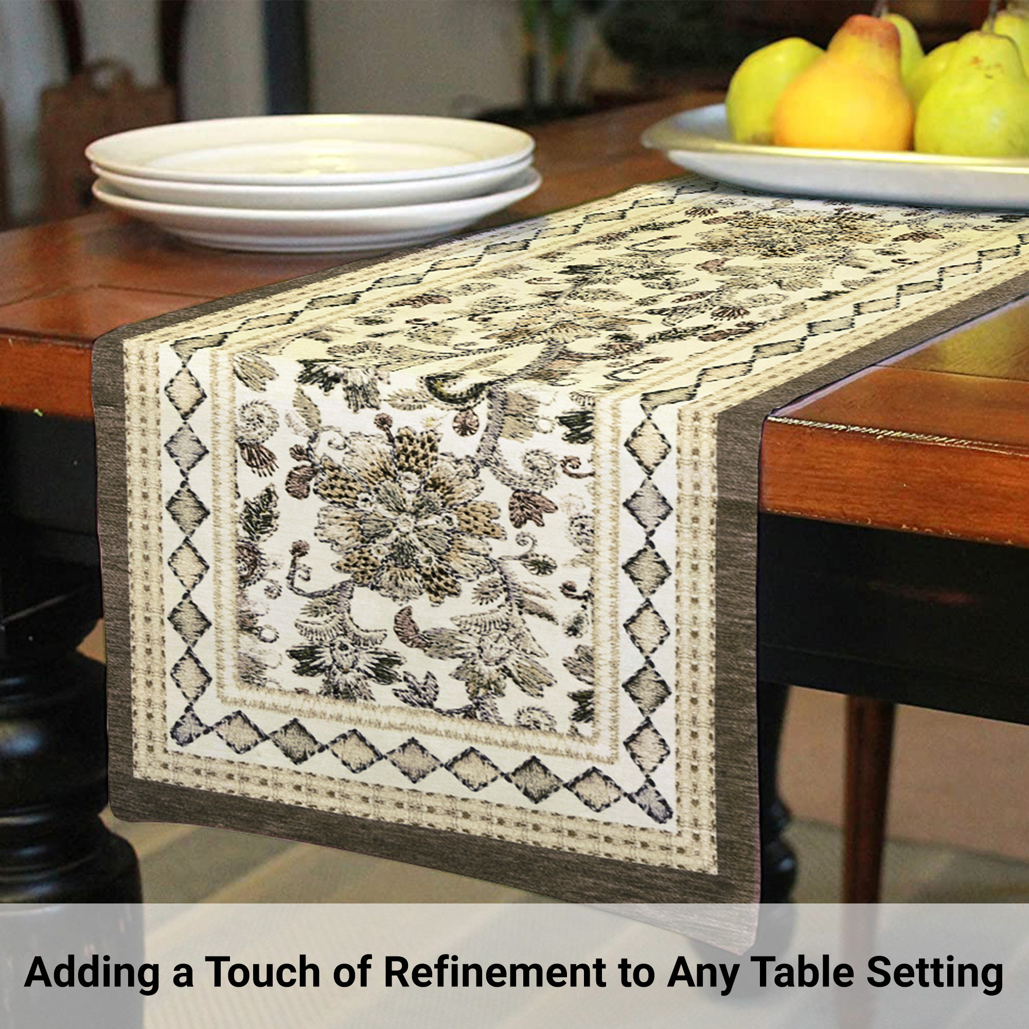 Kuber Industries Table Runner  13x36 Inch  Dining Table Runner  Wedding Table Runner  Table Runner for Family Dinners  Hotels  Coffee Table Runner  Embroidery Flower Print  Light Brown
