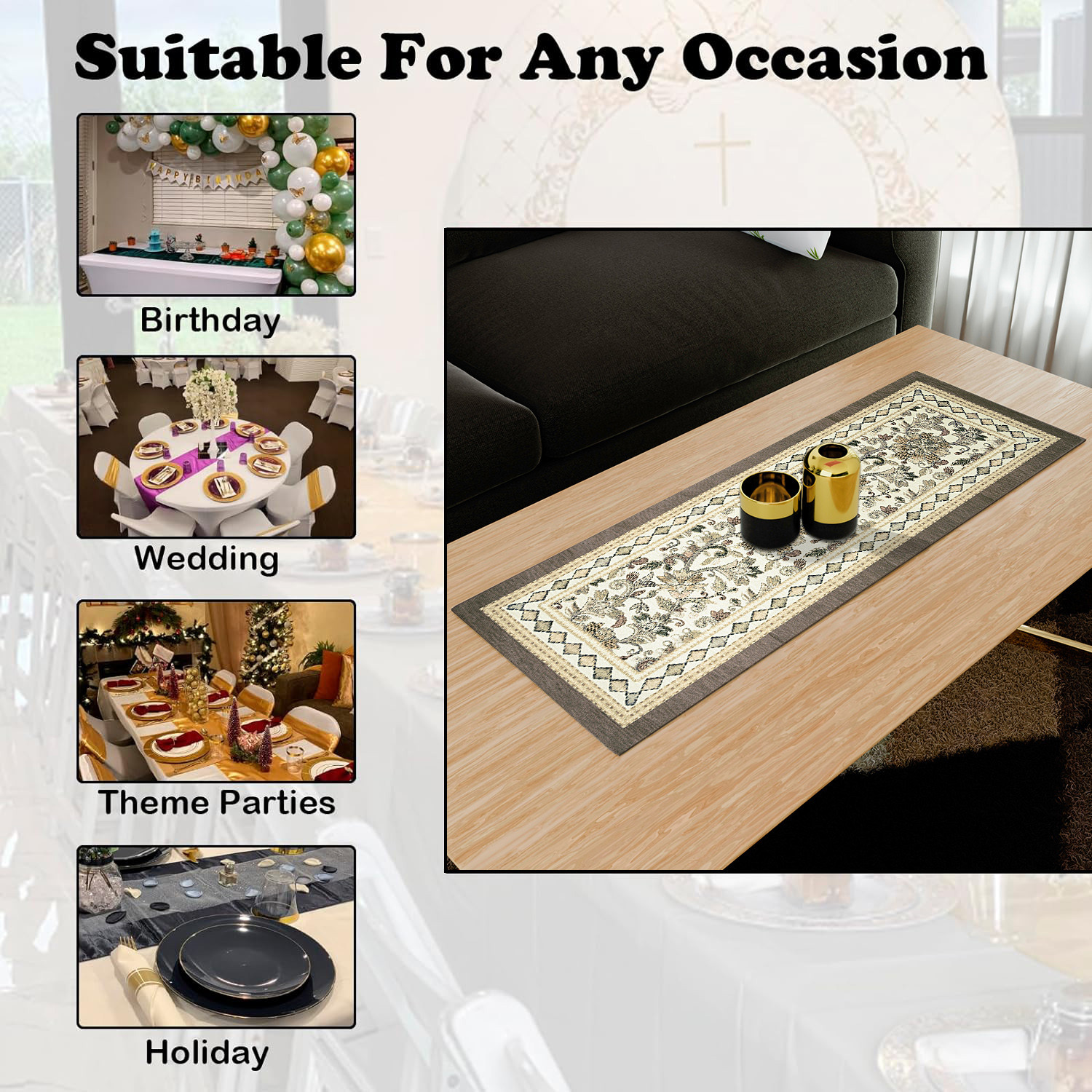 Kuber Industries Table Runner  13x36 Inch  Dining Table Runner  Wedding Table Runner  Table Runner for Family Dinners  Hotels  Coffee Table Runner  Embroidery Flower Print  Light Brown