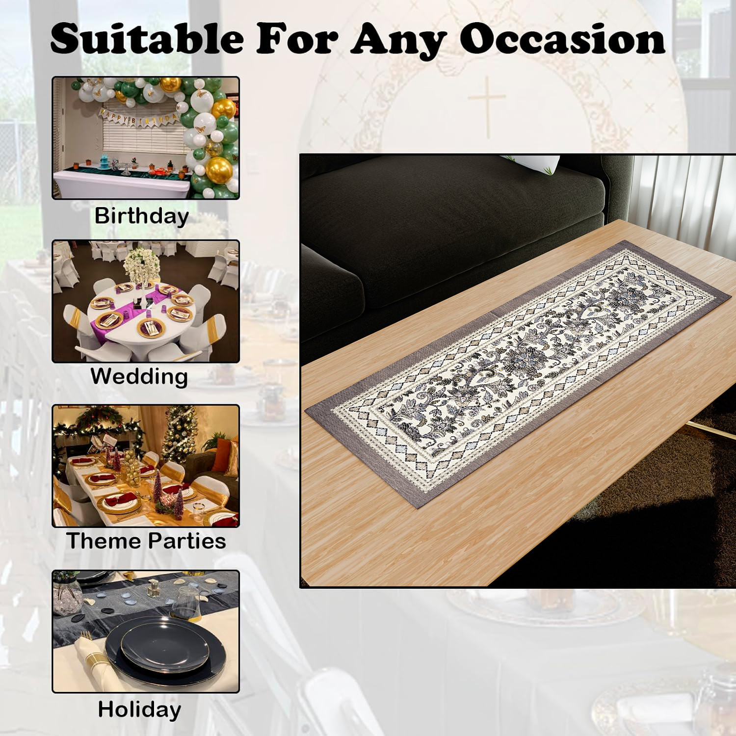 Kuber Industries Table Runner  13x36 Inch  Dining Table Runner  Wedding Table Runner  Table Runner for Family Dinners  Hotels  Coffee Table Runner  Embroidery Flower Print  Grey