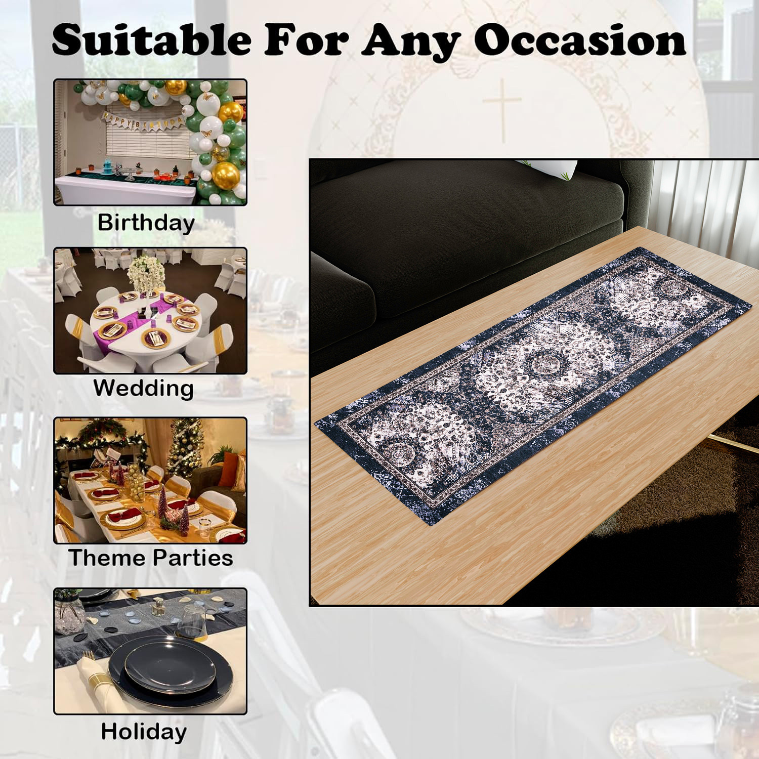 Kuber Industries Table Runner  13x36 Inch  Dining Table Runner  Wedding Table Runner  Table Runner for Family Dinners  Hotels  Coffee Table Runner  Carpet Printed  Blue