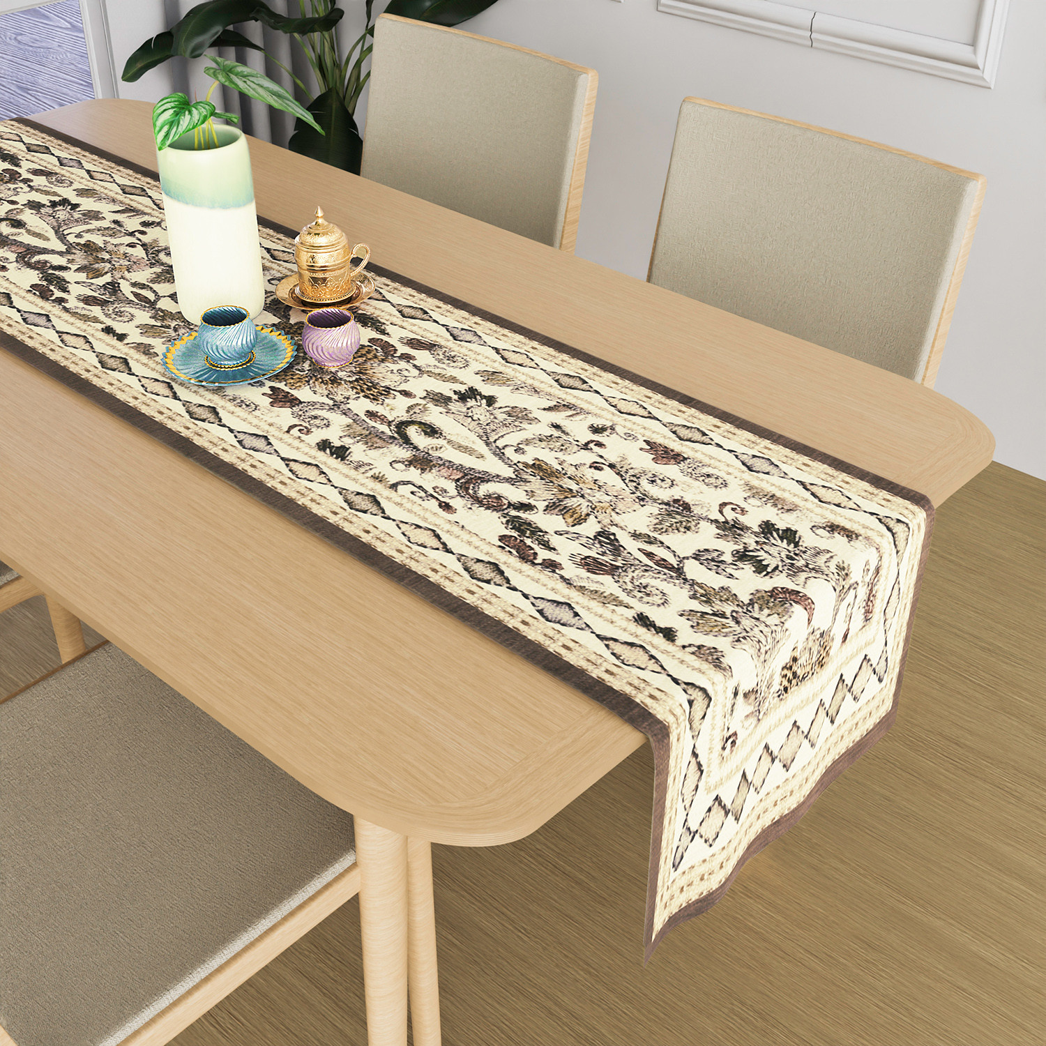 Kuber Industries Table Runner  13x72 Inch  Dining Table Runner  Wedding Table Runner  Table Runner for Family Dinners  Hotels  Coffee Table Runner  Embroidery Flower Print  Light Brown