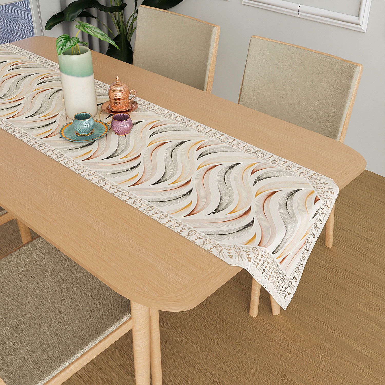 Kuber Industries Table Runner  14x74 Inch  Dining Table Runner  Wedding Table Runner  Table Runner for Family Dinners  Hotels  Runner for Home-Restaurant  Wave Print  Cream