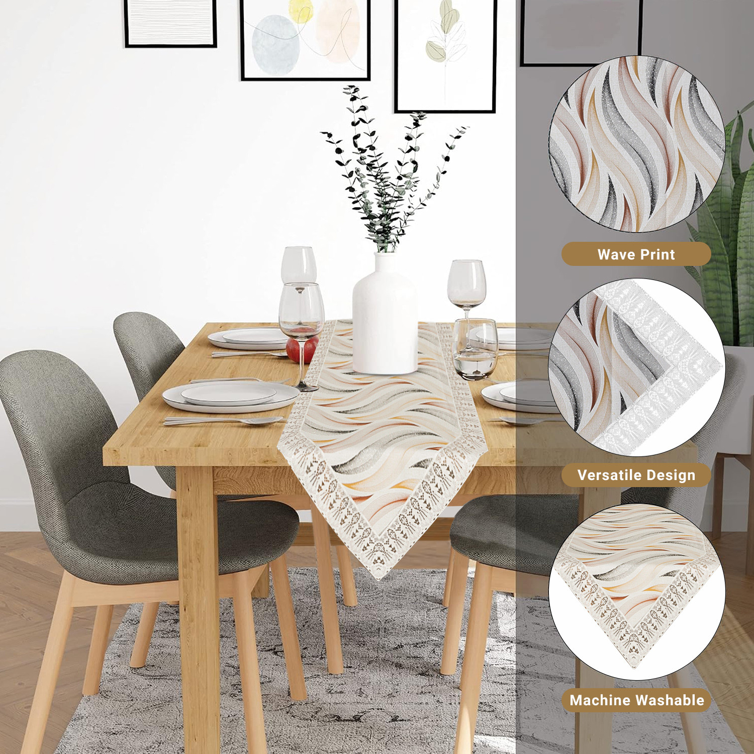 Kuber Industries Table Runner  14x74 Inch  Dining Table Runner  Wedding Table Runner  Table Runner for Family Dinners  Hotels  Runner for Home-Restaurant  Wave Print  Cream