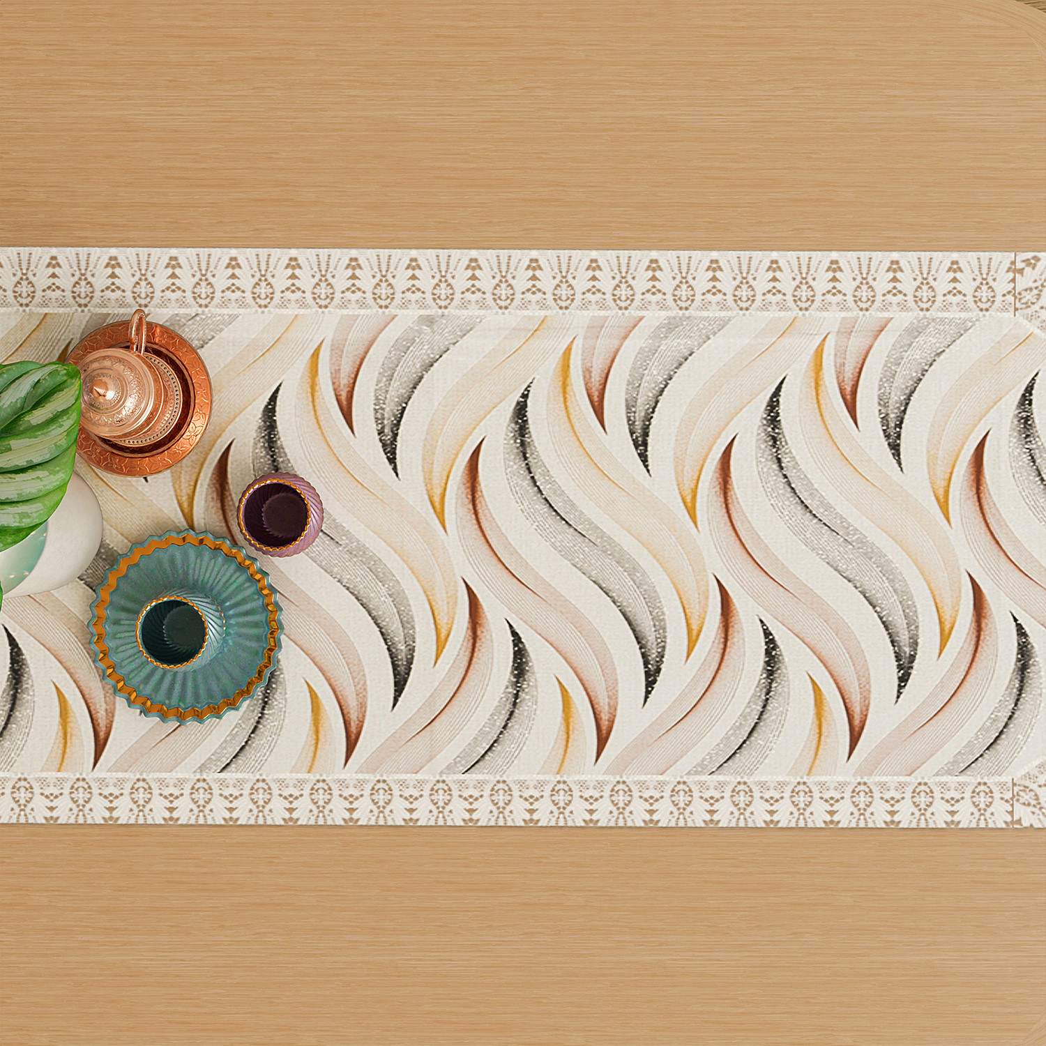 Kuber Industries Table Runner  14x74 Inch  Dining Table Runner  Wedding Table Runner  Table Runner for Family Dinners  Hotels  Runner for Home-Restaurant  Wave Print  Cream