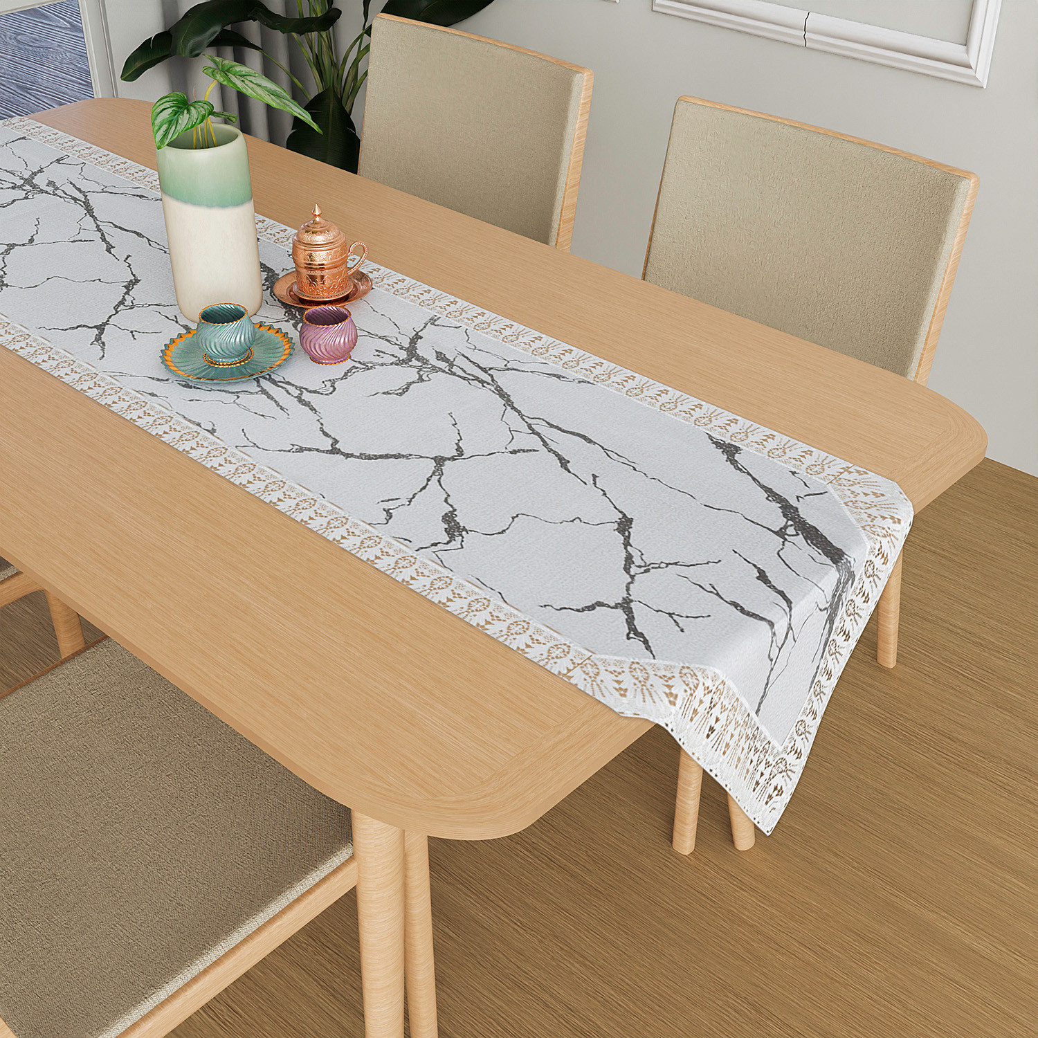 Kuber Industries Table Runner  14x74 Inch  Dining Table Runner  Wedding Table Runner  Table Runner for Family Dinners  Hotels  Runner for Home-Restaurant  Marble Print  Light Grey