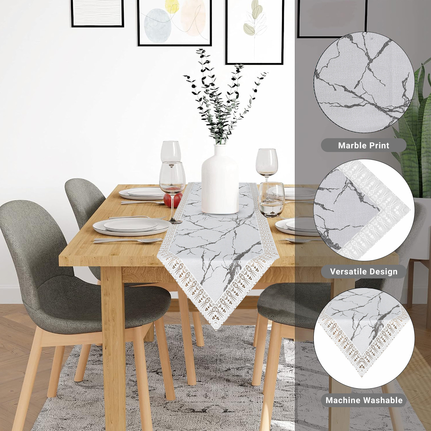 Kuber Industries Table Runner  14x74 Inch  Dining Table Runner  Wedding Table Runner  Table Runner for Family Dinners  Hotels  Runner for Home-Restaurant  Marble Print  Light Grey