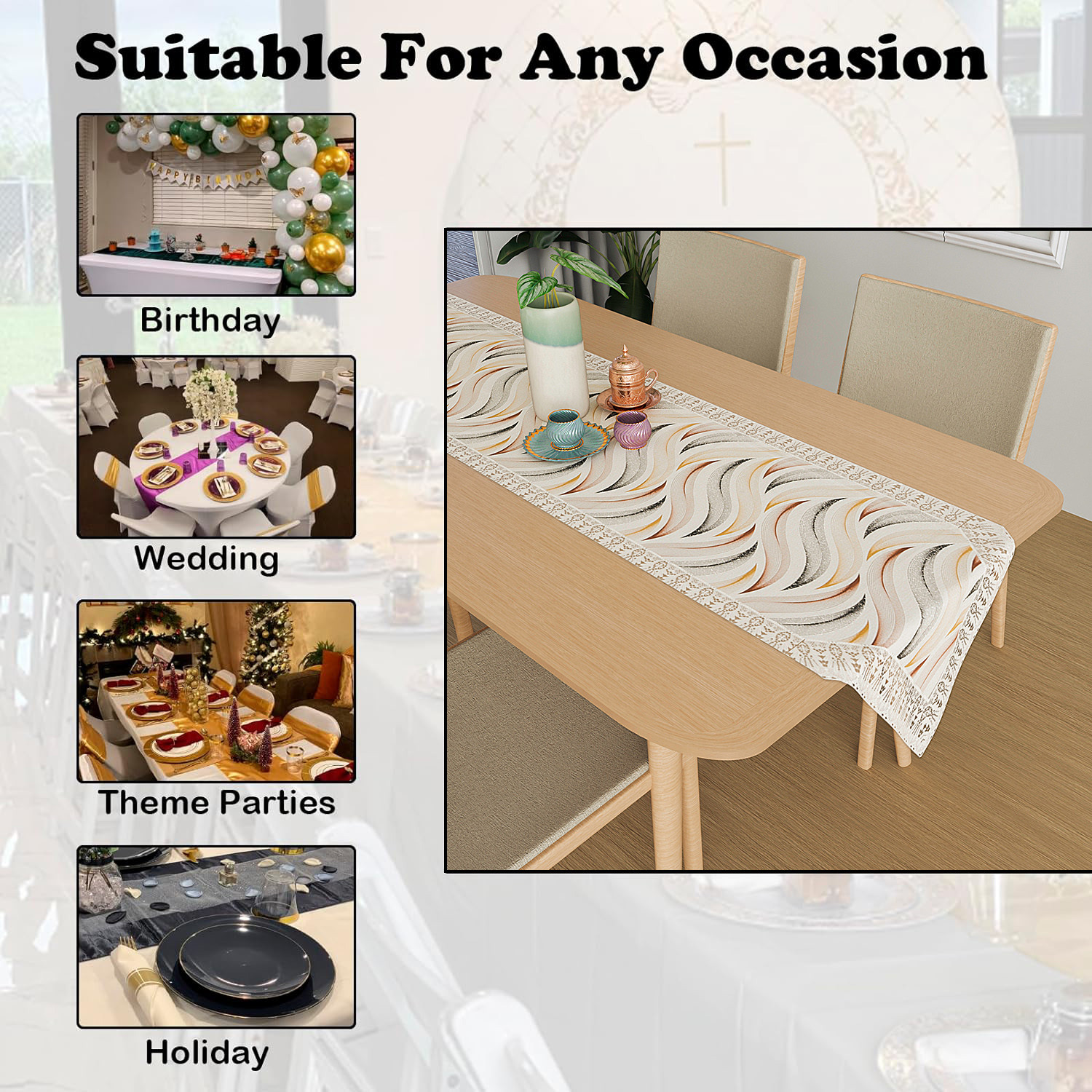 Kuber Industries Table Runner  14x74 Inch  Dining Table Runner  Wedding Table Runner  Table Runner for Family Dinners  Hotels  Runner for Home-Restaurant  Wave Print  Cream