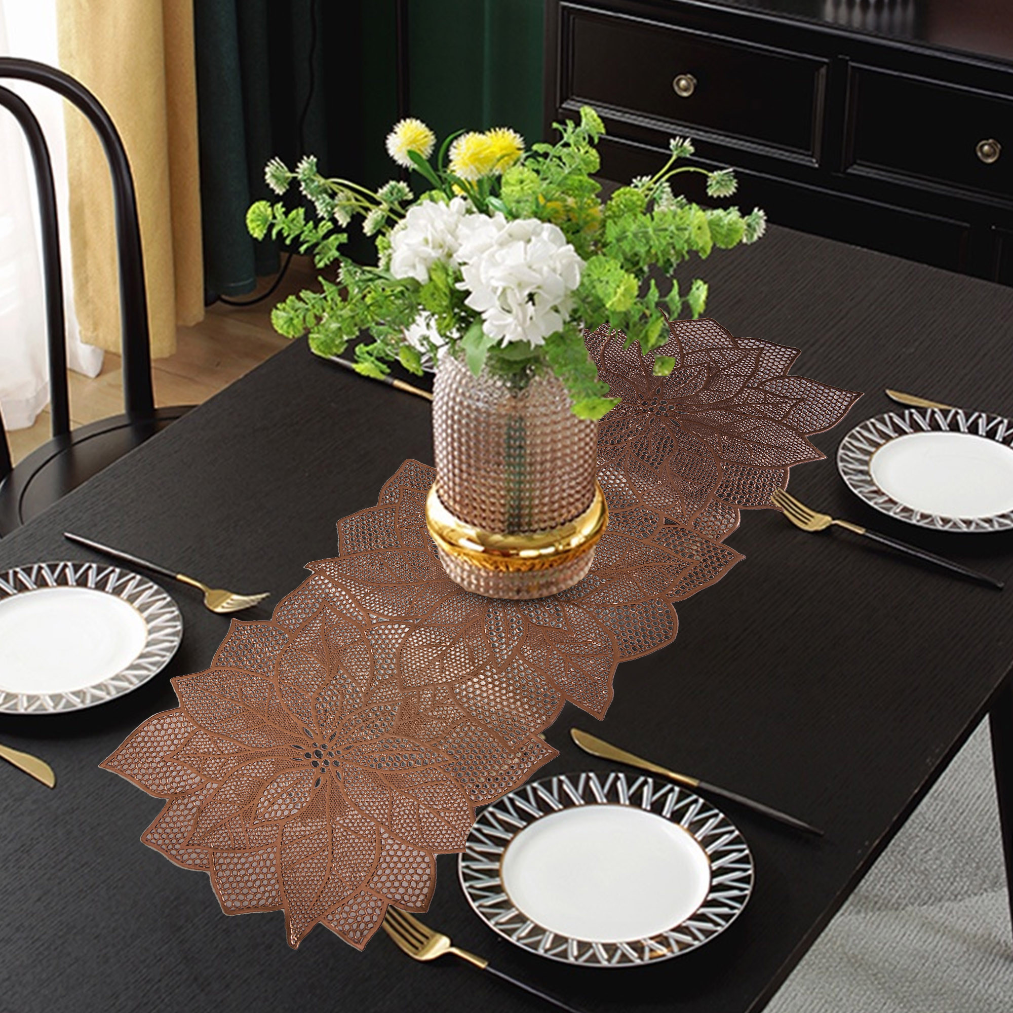 Kuber Industries Table Runner  Coffee Table Runner  Center Table Runner  Dining Table Runner  Kitchen Runner  Leather Runner for Party Wedding Family Dinners  Flower  Copper