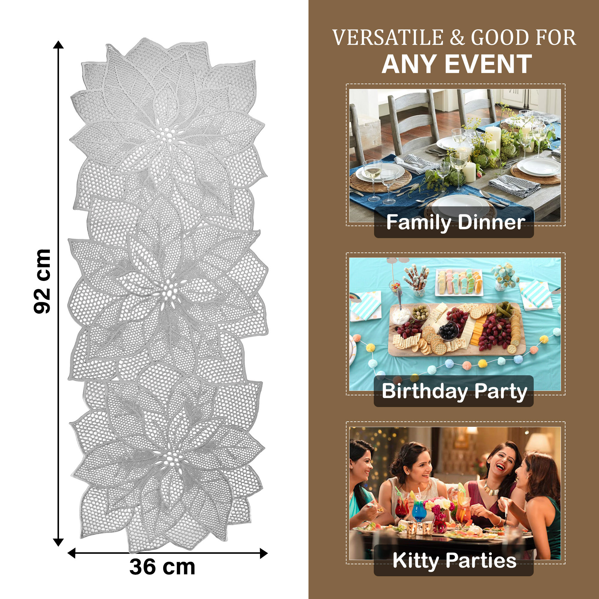 Kuber Industries Table Runner  Coffee Table Runner  Leather Runner for Party Wedding Family Dinners  Center Table Runner  Dining Table Runner  Kitchen Runner  Flower  Silver