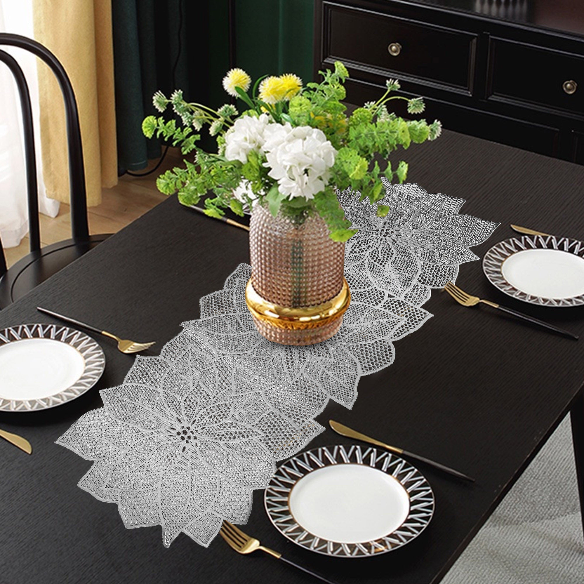 Kuber Industries Table Runner  Coffee Table Runner  Leather Runner for Party Wedding Family Dinners  Center Table Runner  Dining Table Runner  Kitchen Runner  Flower  Silver