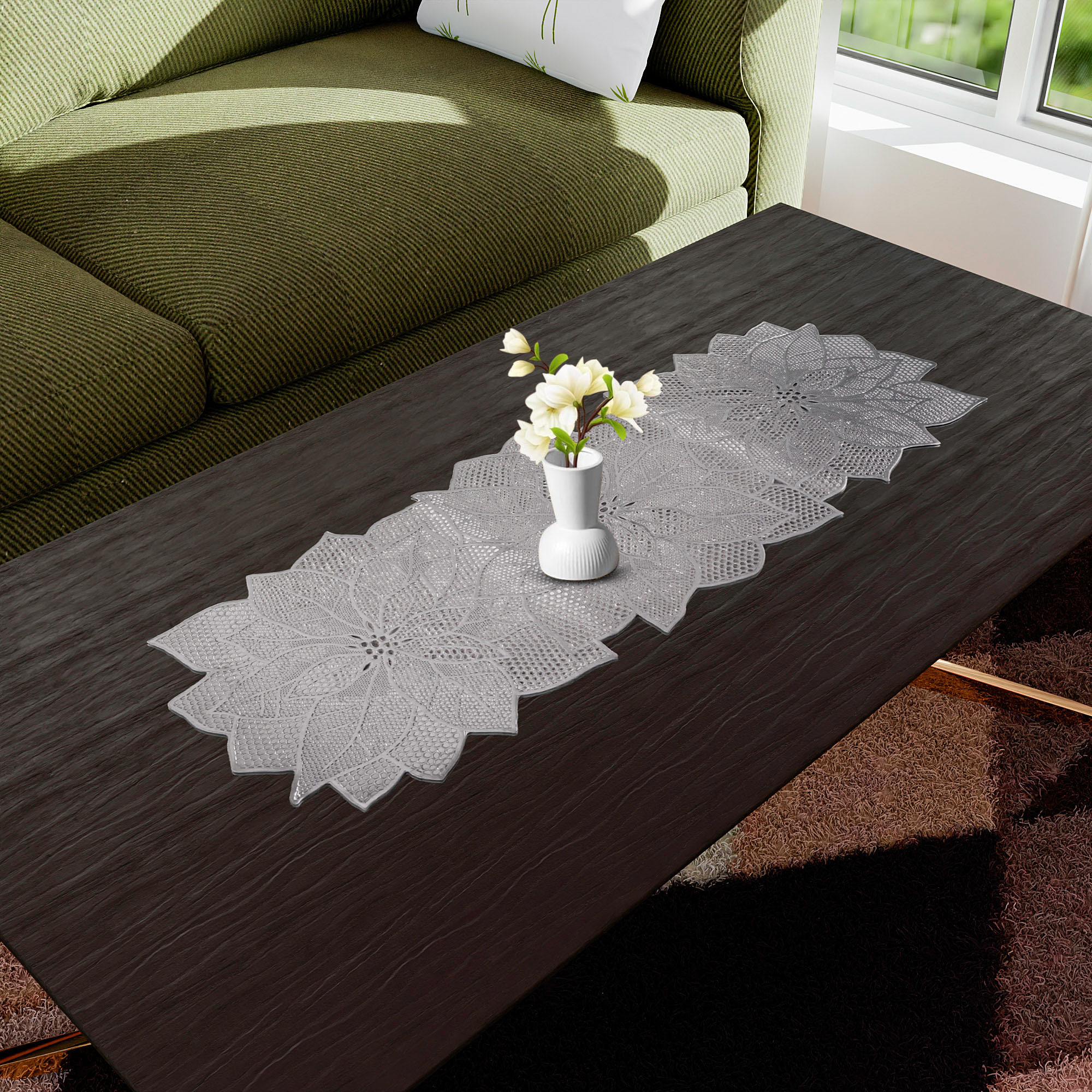 Kuber Industries Table Runner  Coffee Table Runner  Leather Runner for Party Wedding Family Dinners  Center Table Runner  Dining Table Runner  Kitchen Runner  Flower  Silver