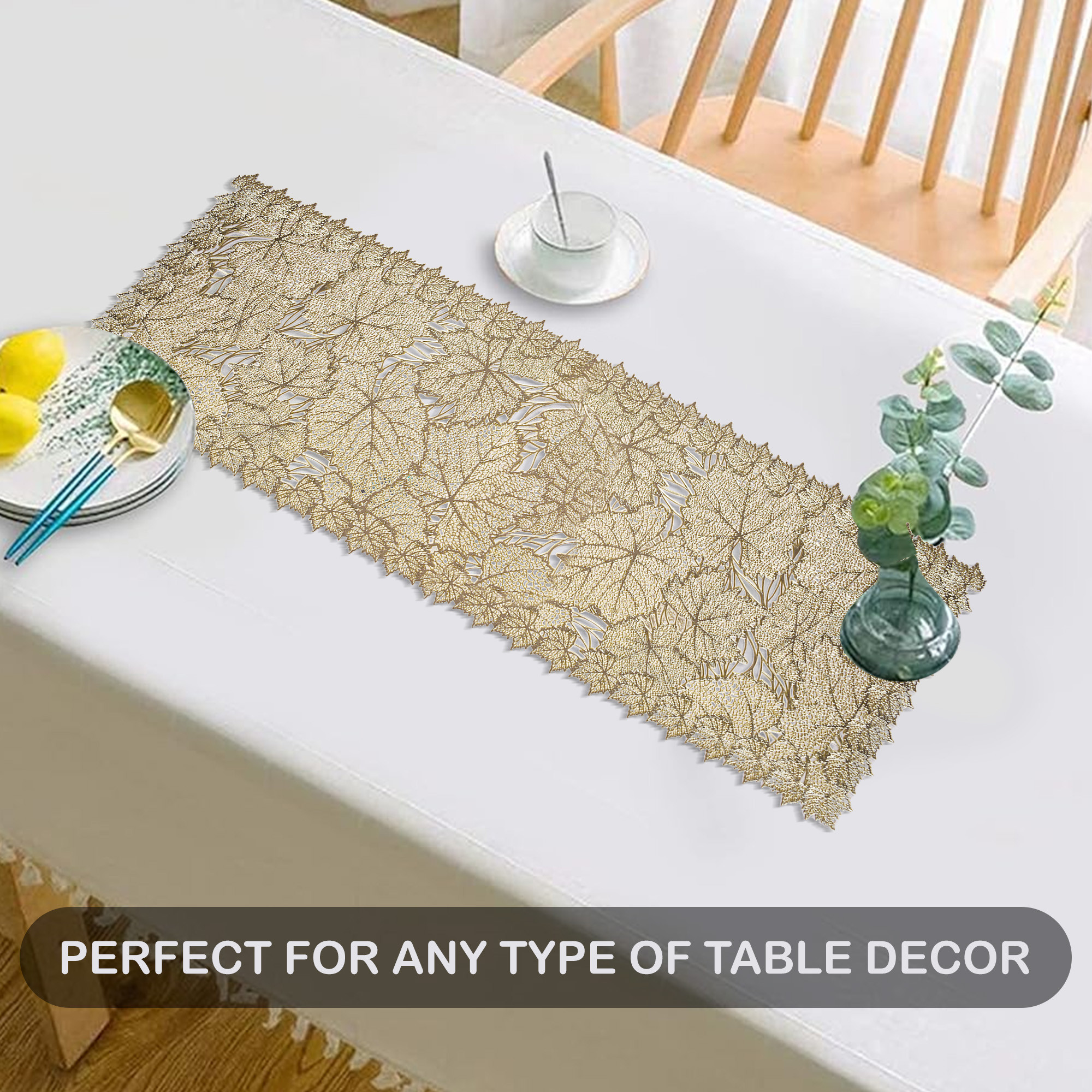 Kuber Industries Table Runner  Dining Table Runner  Kitchen Runner  Coffee Table Runner  Center Table Runner  Rectangular Leather Runner for Party Wedding Family Dinners  Leaf  Golden