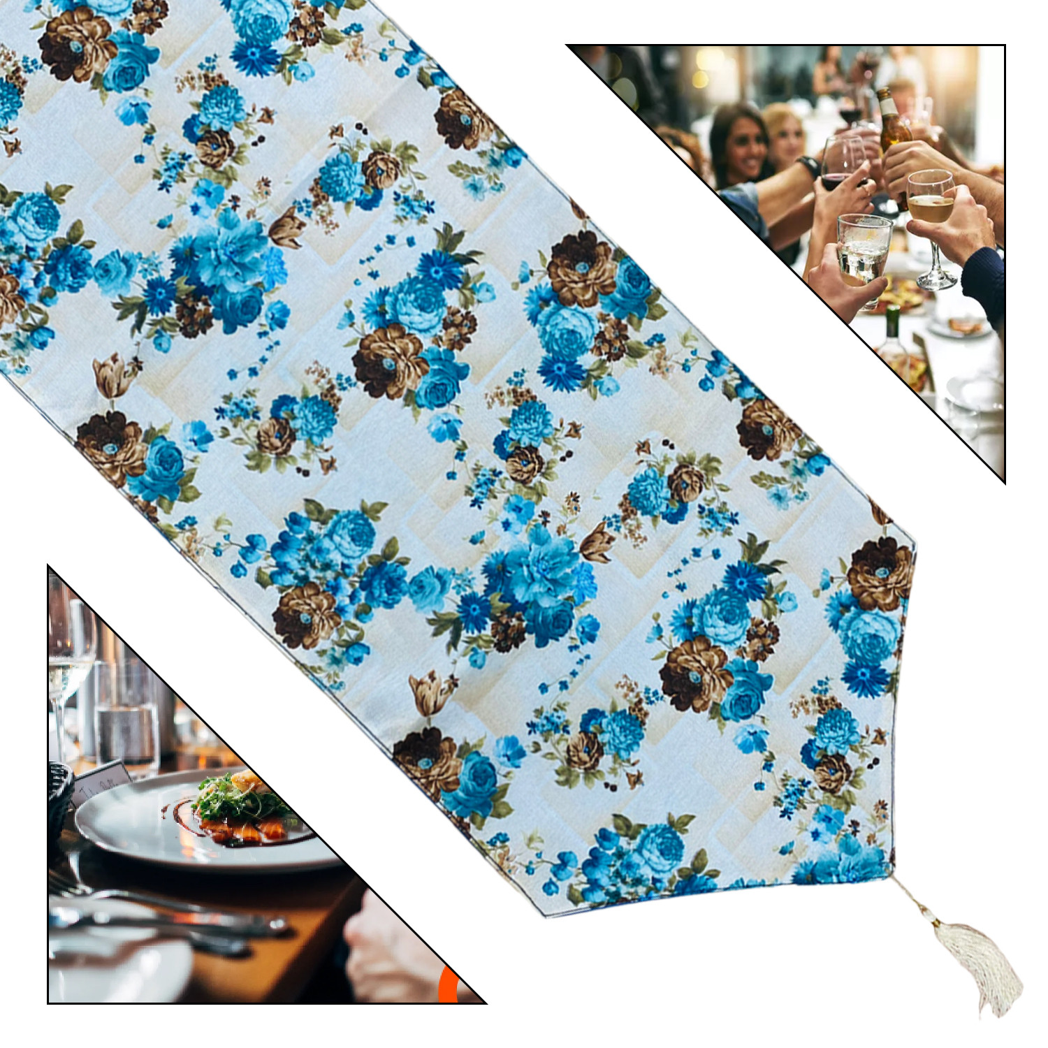 Kuber Industries Table Runner | Jute Digital Flower Print Dining Table Runner | Coffee Table Runner for Home Decor | Wedding | Parties | Large | Blue
