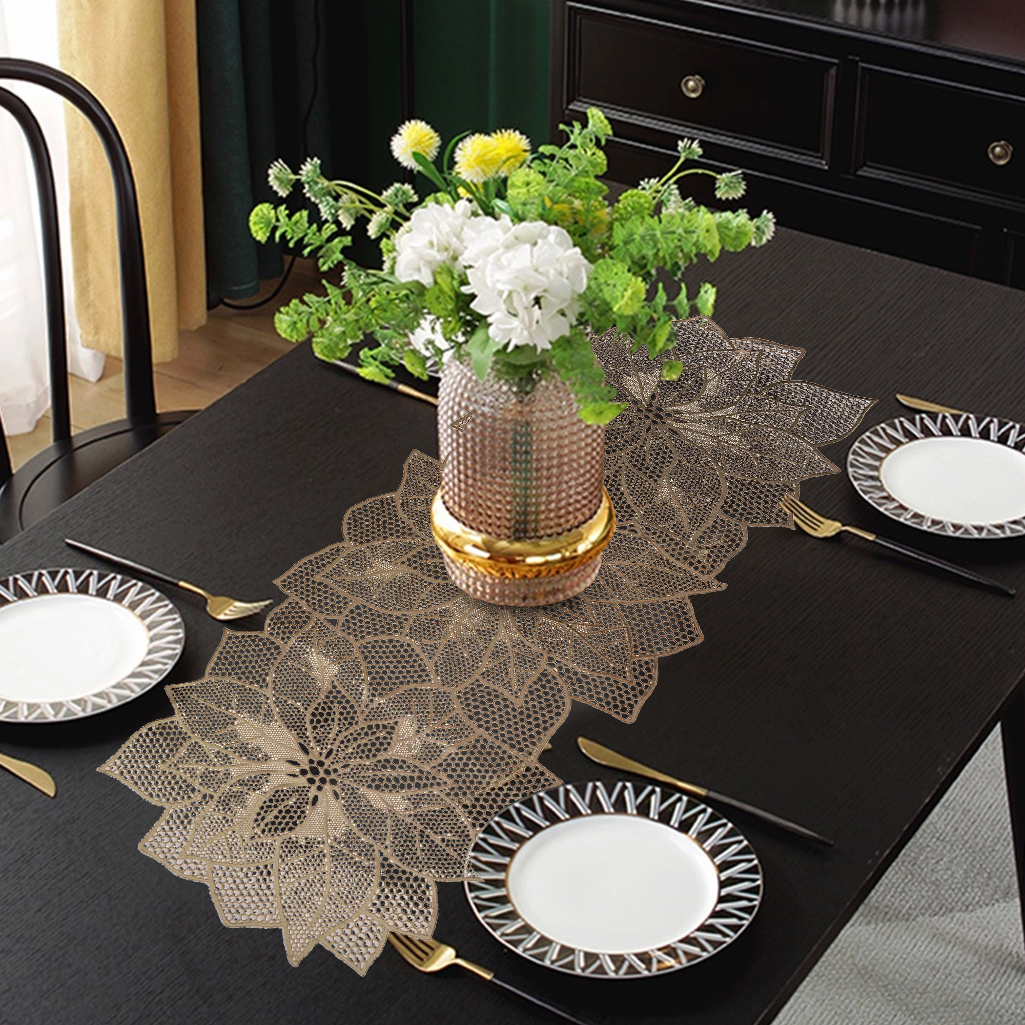 Kuber Industries Table Runner  Leather Runner for Party Wedding Family Dinners  Coffee Table Runner  Dining Table Runner  Kitchen Runner  Center Table Runner  Flower  Golden