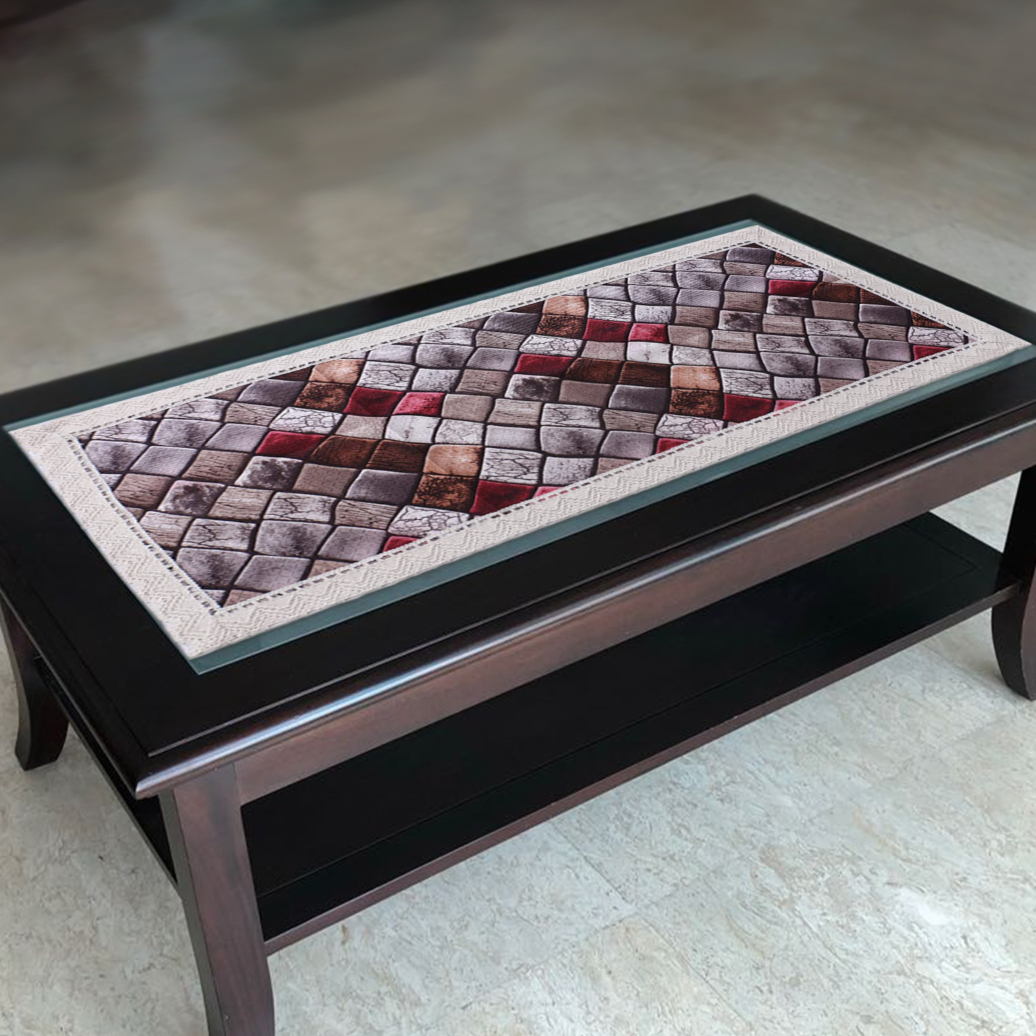 Kuber Industries Table Runner | Polycotton Mosaic Pattern Table Cloth | Table Runner for Indoor & Outdoor with Jutelace Border | 34x16 Inch | Multicolor