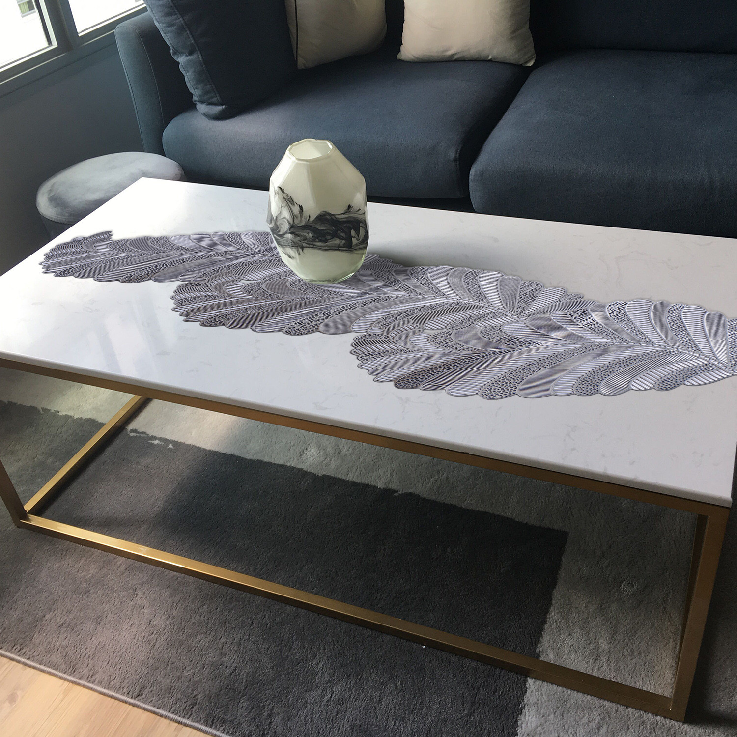 Kuber Industries Table Runner|Leaf Design Washable Non-Slip Table Mats|Centar & Dining Table Decoration Place Mats (Sliver)
