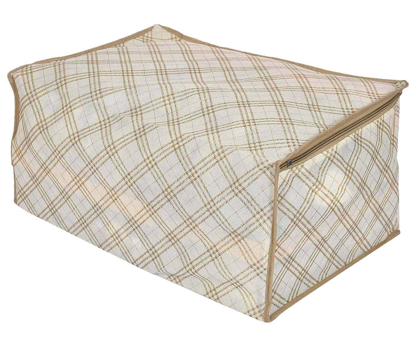 Kuber Industries Tartan Design Non-woven Foldable Saree CoverClothes Storage BagWardrobe Organizer With Transparent Window- Pack of 3 Beige-44KM0369