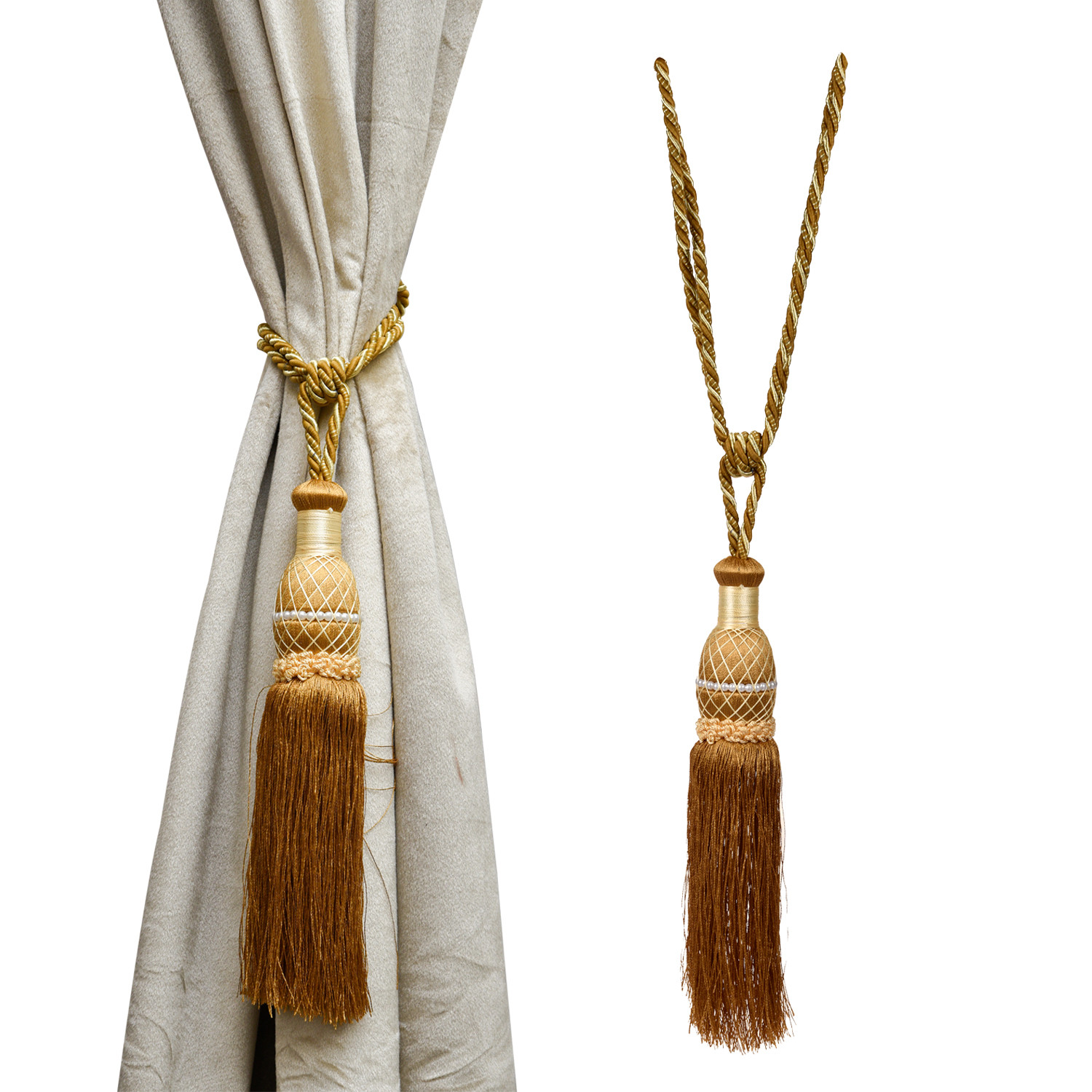Kuber Industries Tassel Set | Curtain Tie Back Tassel Set | Curtain Holder Tieback | Curtain Tieback | Curtain Holder for Home & Office Décor | Moti Kit Pit Tassel |Golden