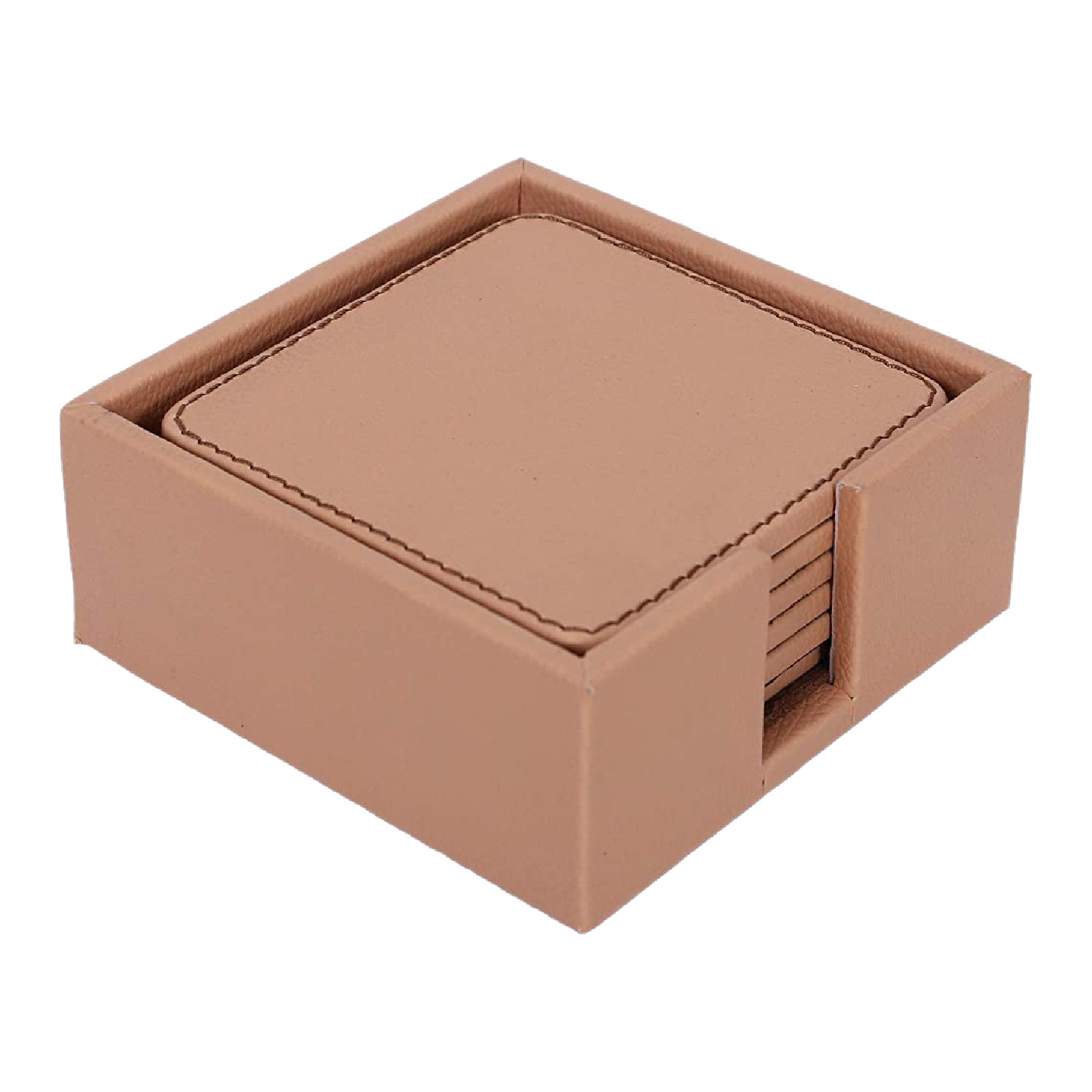 Kuber Industries Tea Coaster|Soft Leather Heat Insulation Tabletop Coasters|Decorative Holder for Tea, Coffee & Office Desk With Stand Set of 6 (Light Brown)