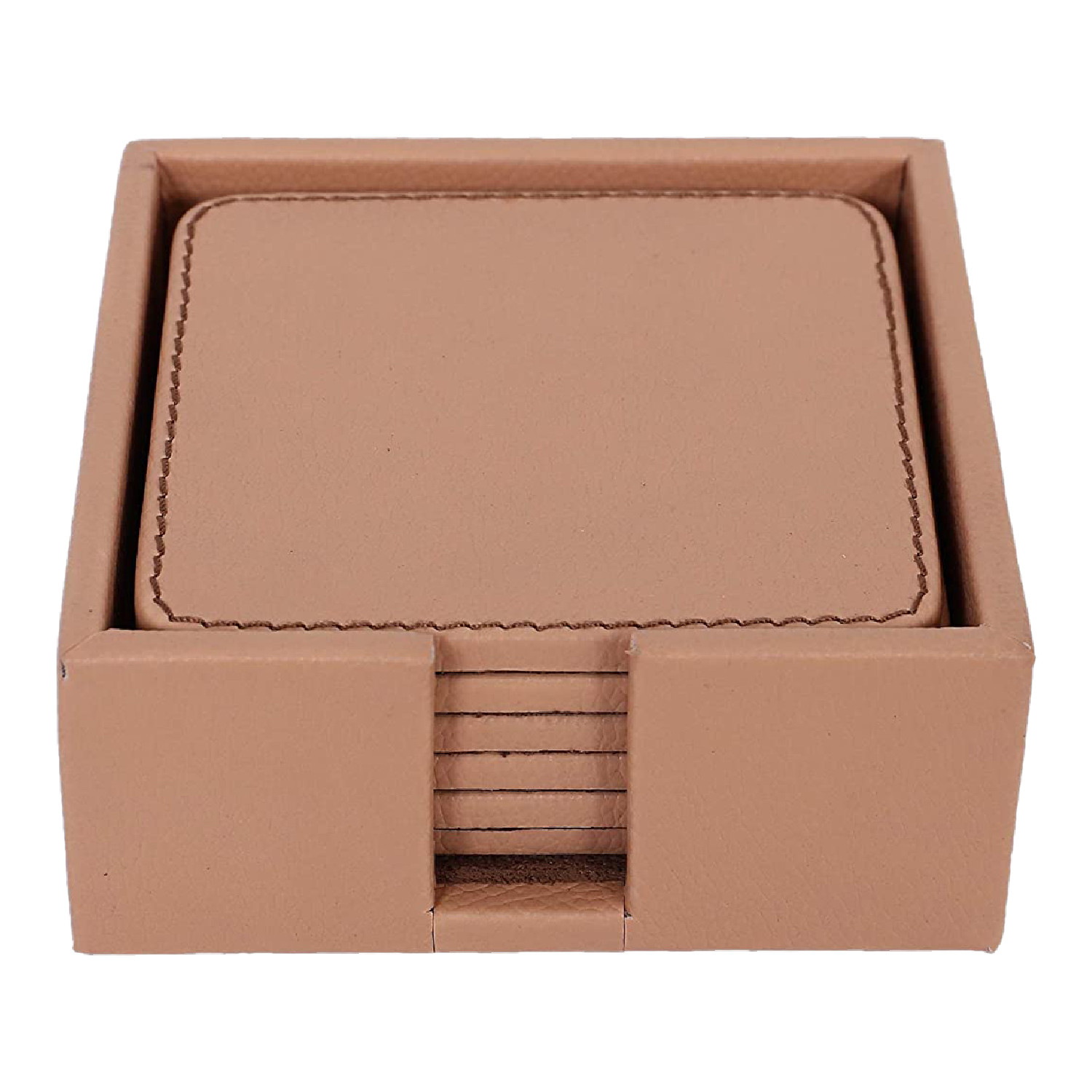 Kuber Industries Tea Coaster|Soft Leather Heat Insulation Tabletop Coasters|Decorative Holder for Tea, Coffee & Office Desk With Stand Set of 6 (Light Brown)