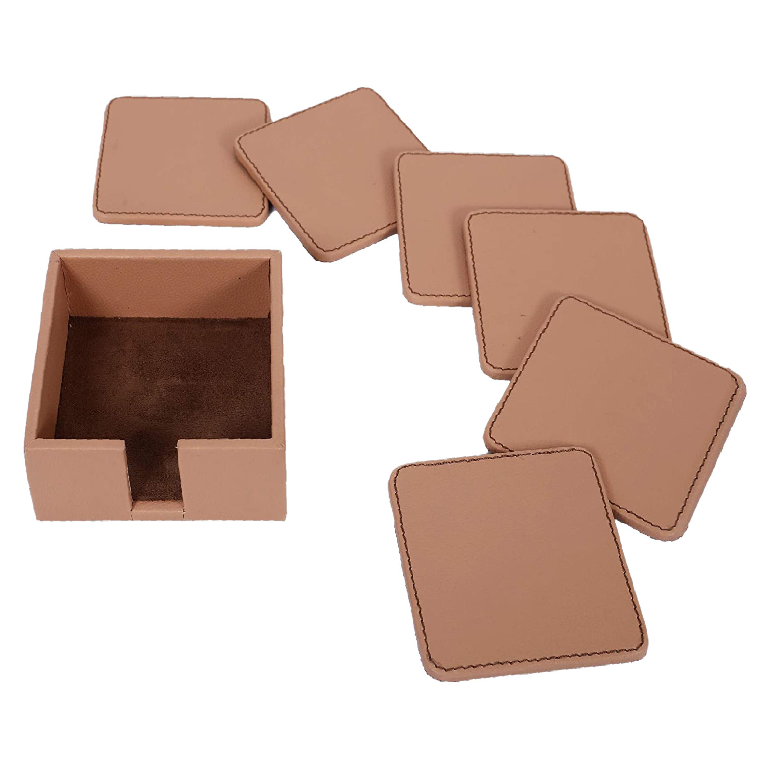 Kuber Industries Tea Coaster|Soft Leather Heat Insulation Tabletop Coasters|Decorative Holder for Tea, Coffee & Office Desk With Stand Set of 6 (Light Brown)