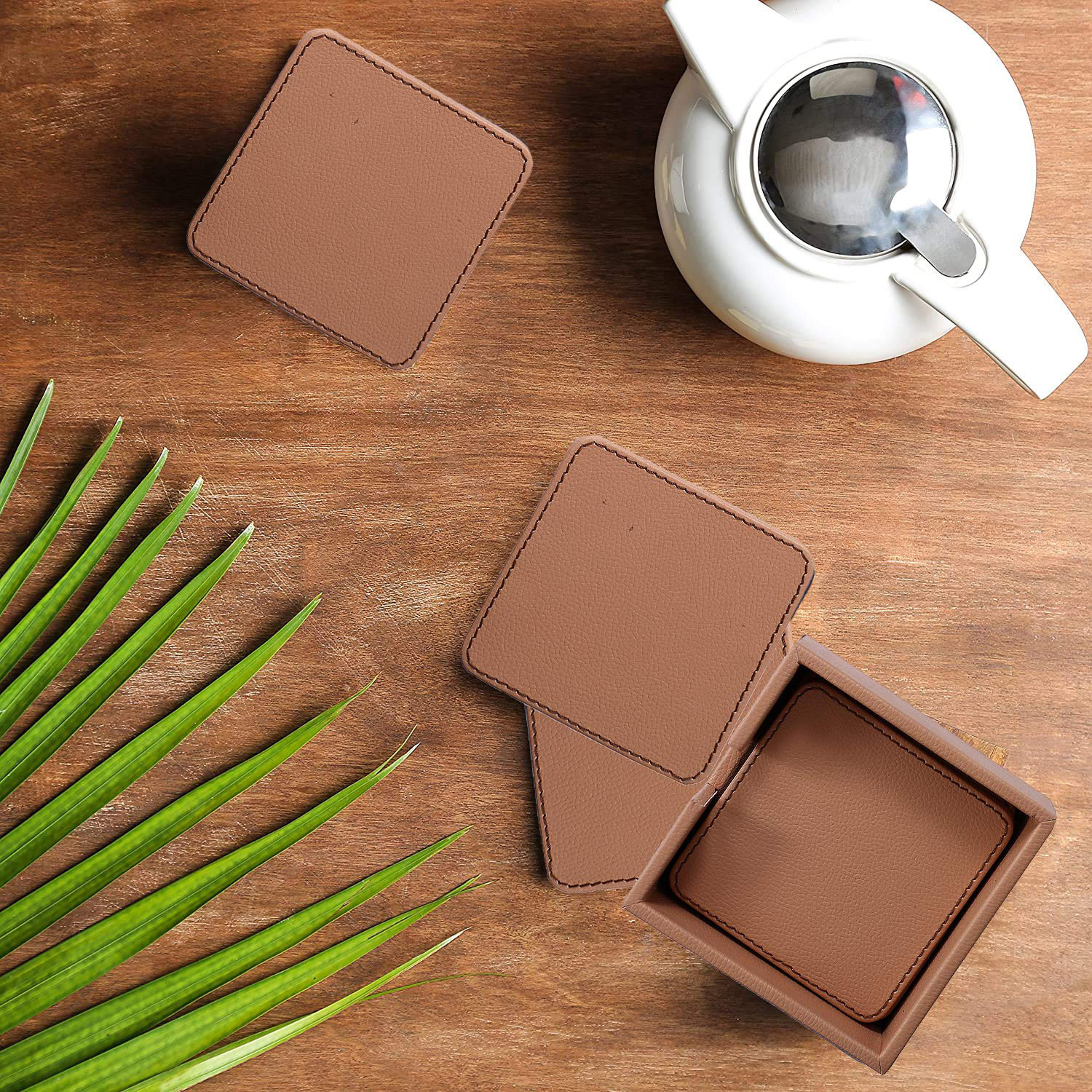 Kuber Industries Tea Coaster|Soft Leather Heat Insulation Tabletop Coasters|Decorative Holder for Tea, Coffee & Office Desk With Stand Set of 6 (Light Brown)