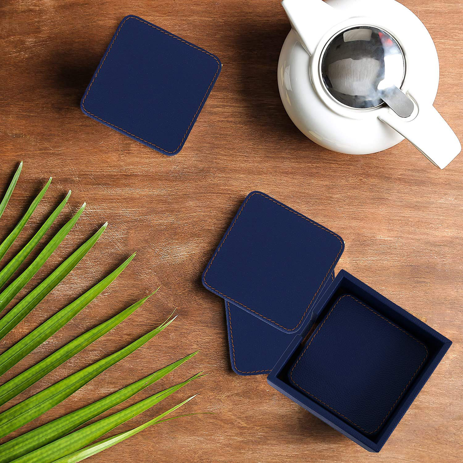 Kuber Industries Tea Coaster|Soft Leather Heat Insulation Tabletop Coasters|Decorative Holder for Tea, Coffee & Office Desk With Stand Set of 6 (Blue)