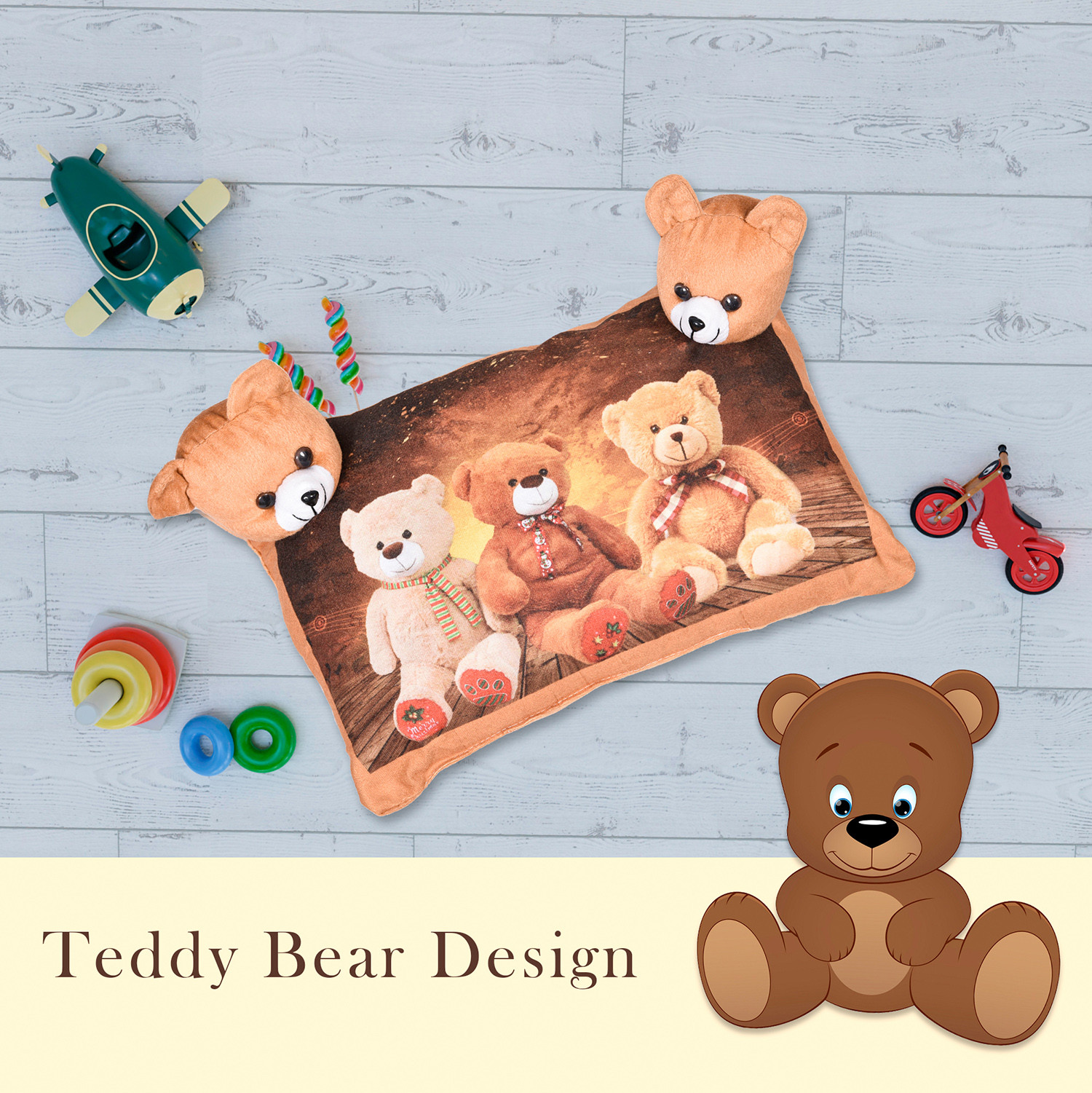 Kuber Industries Teddy Bear Design Baby Pillow|Velvet Super soft Kids Pillow For Sleeping & Travel,12 x 18 Inch,(Brown)