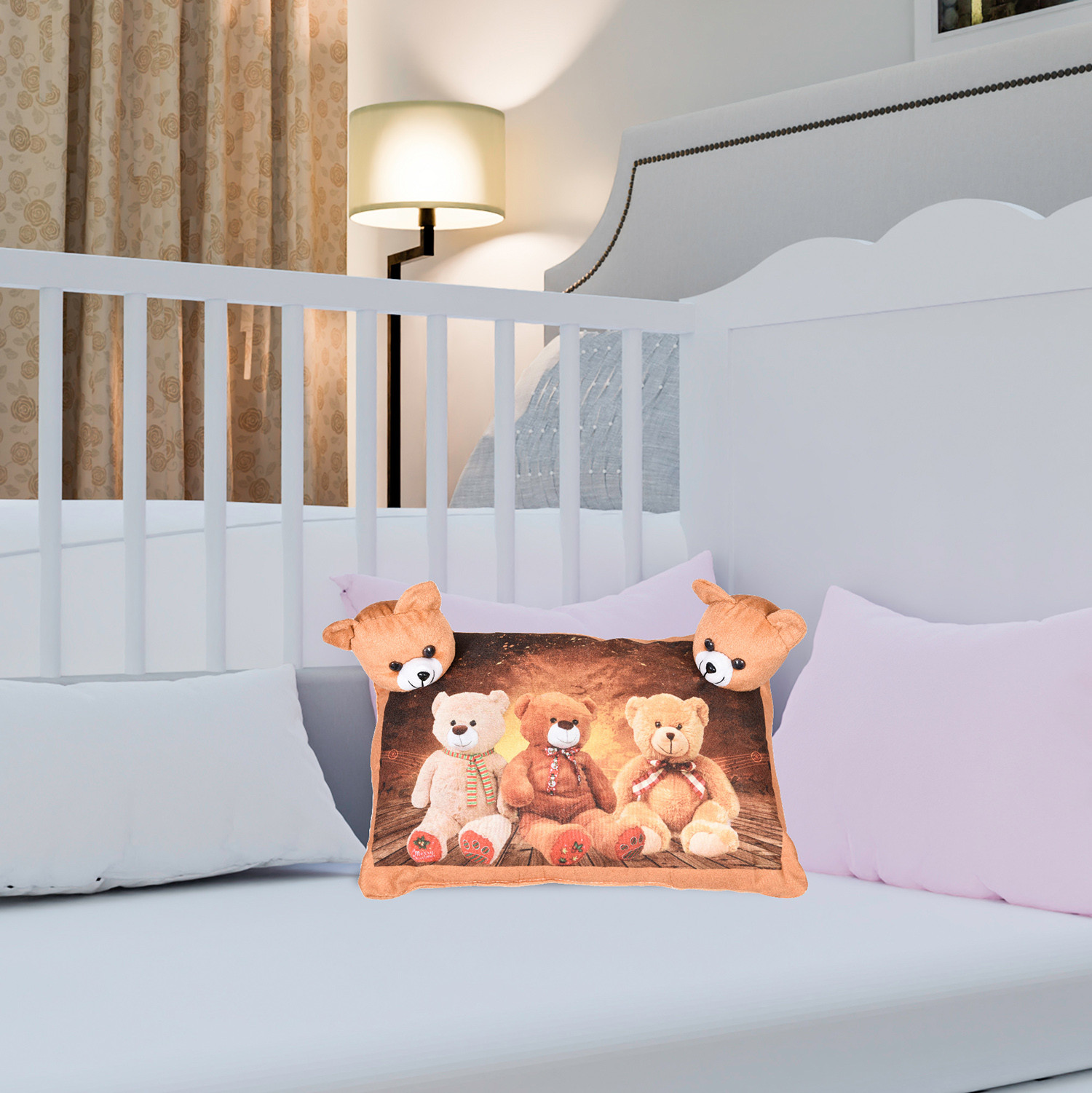 Kuber Industries Teddy Bear Design Baby Pillow|Velvet Super soft Kids Pillow For Sleeping & Travel,12 x 18 Inch,(Brown)