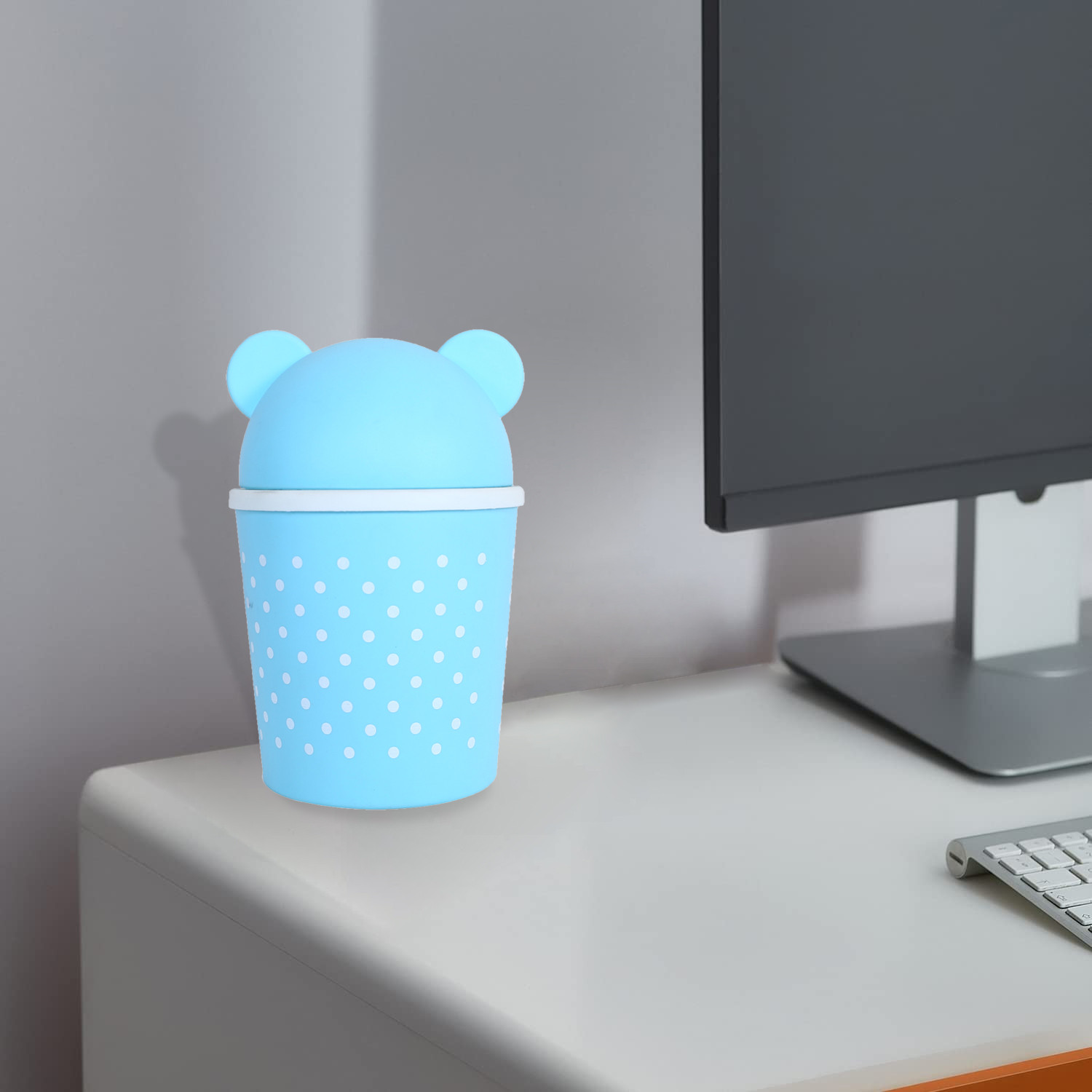Kuber Industries Teddy Table Dustbin|Plastic Swinging Lid Waste Storage Garbage Bin|Desktop Trash Can For Study Table, Office(Sky Blue)