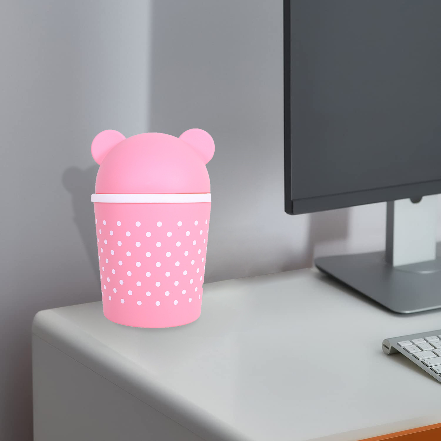 Kuber Industries Teddy Table Dustbin|Plastic Swinging Lid Waste Storage Garbage Bin|Desktop Trash Can For Study Table, Office(Pink)
