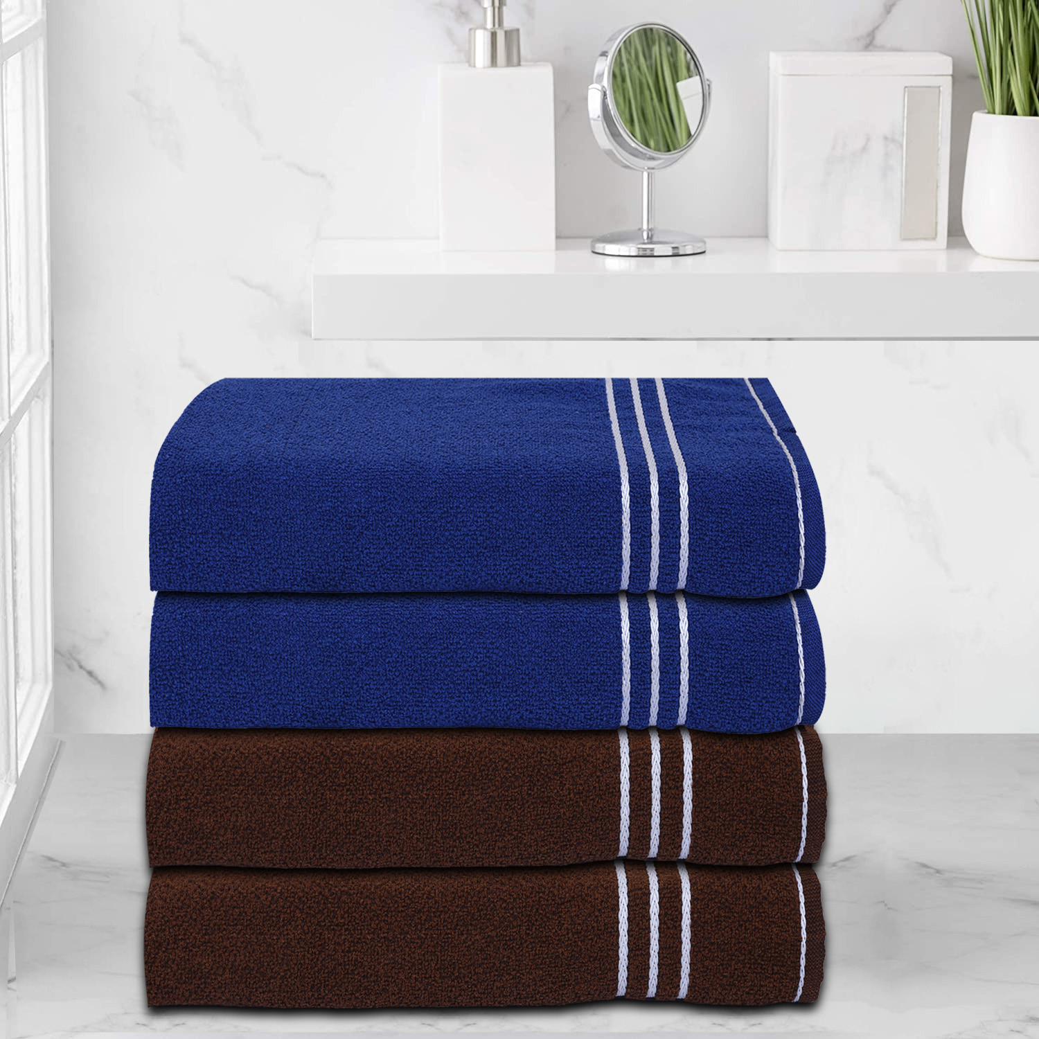 Kuber Industries Three Stripes Design Super Absorbent Cotton Hand Towel|Face Towel for Men,Women & Kids Brown & Blue)